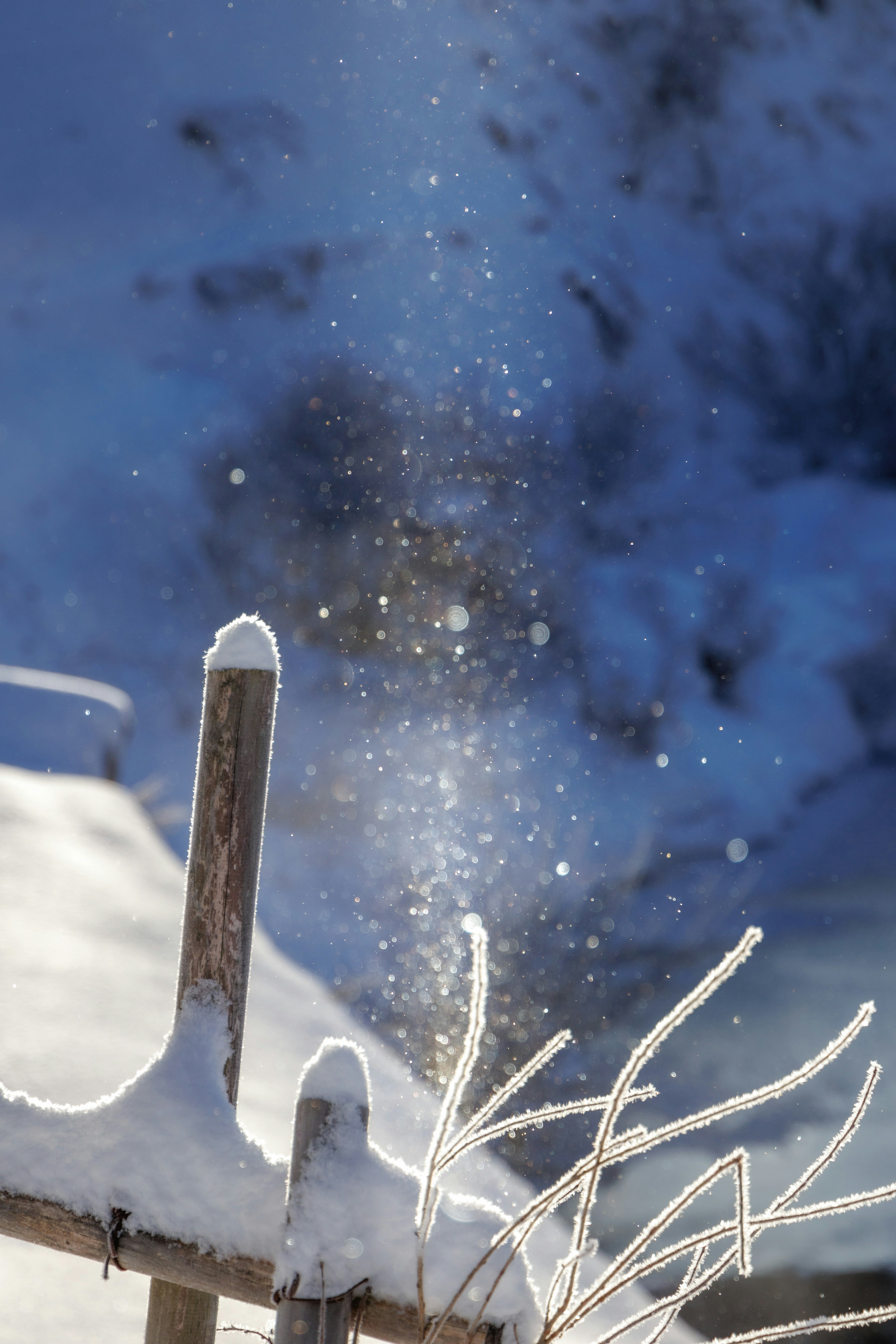 Snow-covered fence with sparkling snow particles in a winter scene