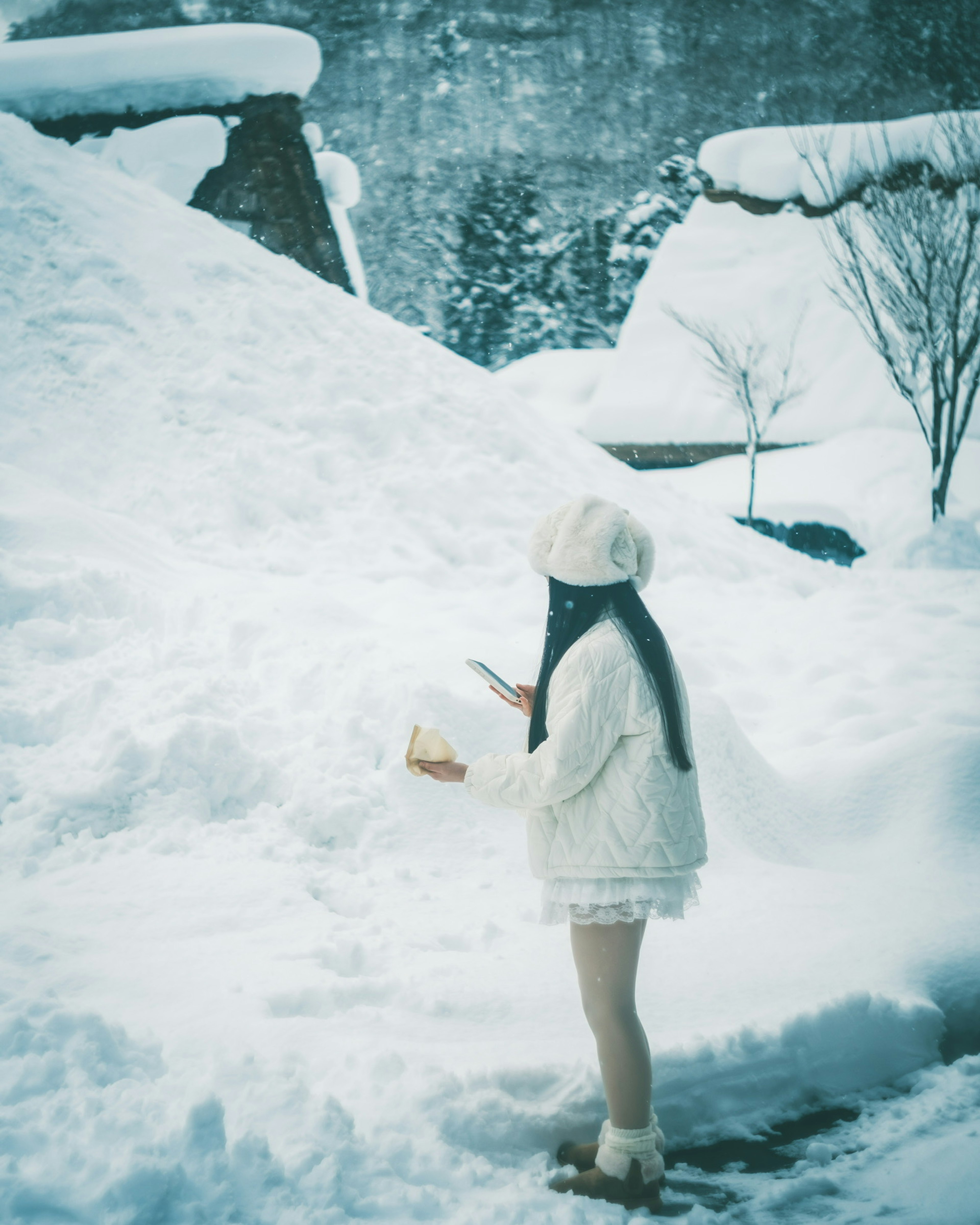 雪に覆われた風景の中で白い衣装を着た少女が立っている