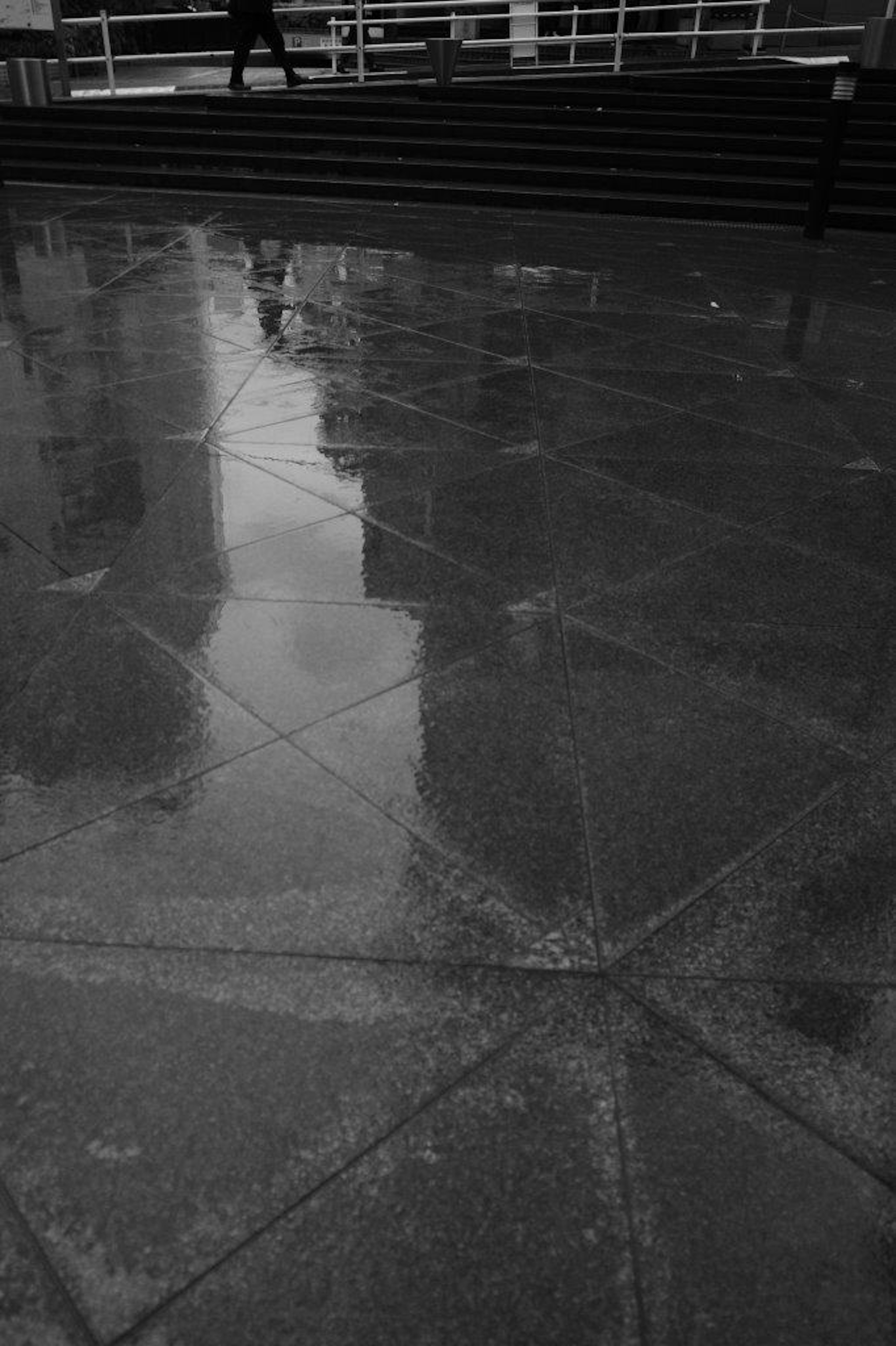 Escena en blanco y negro que muestra reflejos en un pavimento mojado