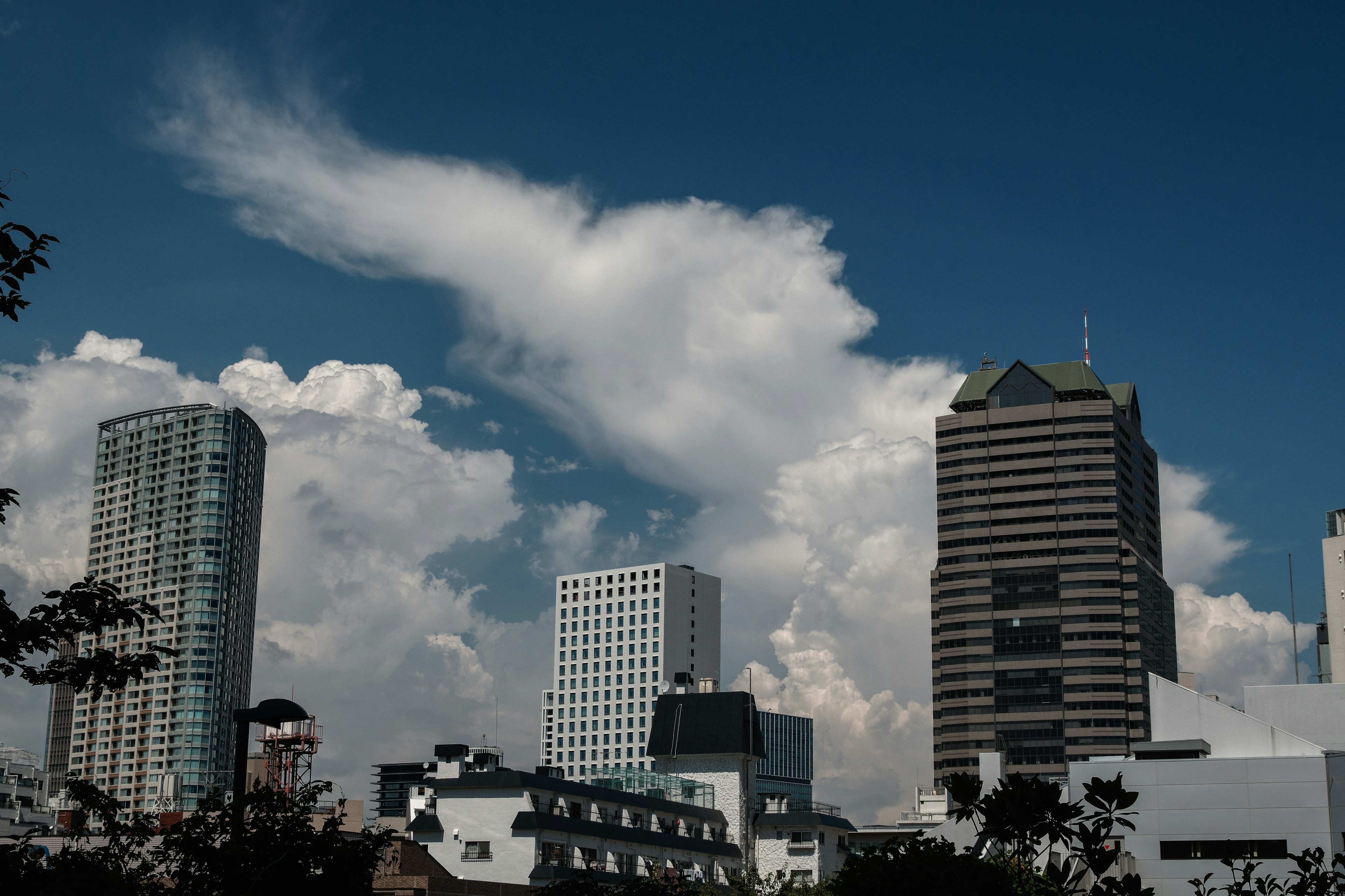 Skyline of modern skyscrapers against a blue sky with fluffy clouds