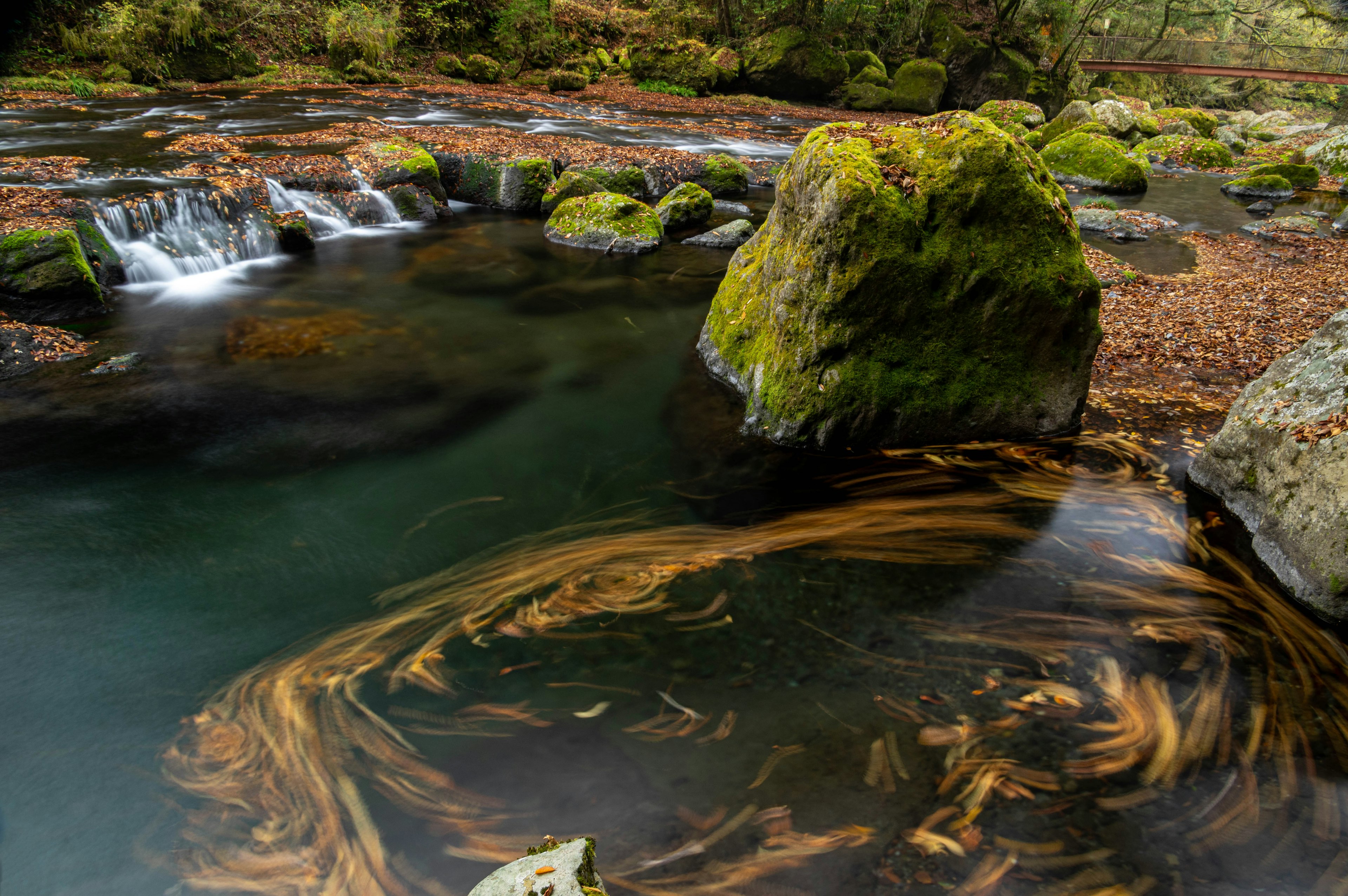 Scenic view of a large moss-covered rock beside a flowing river with swirling leaves