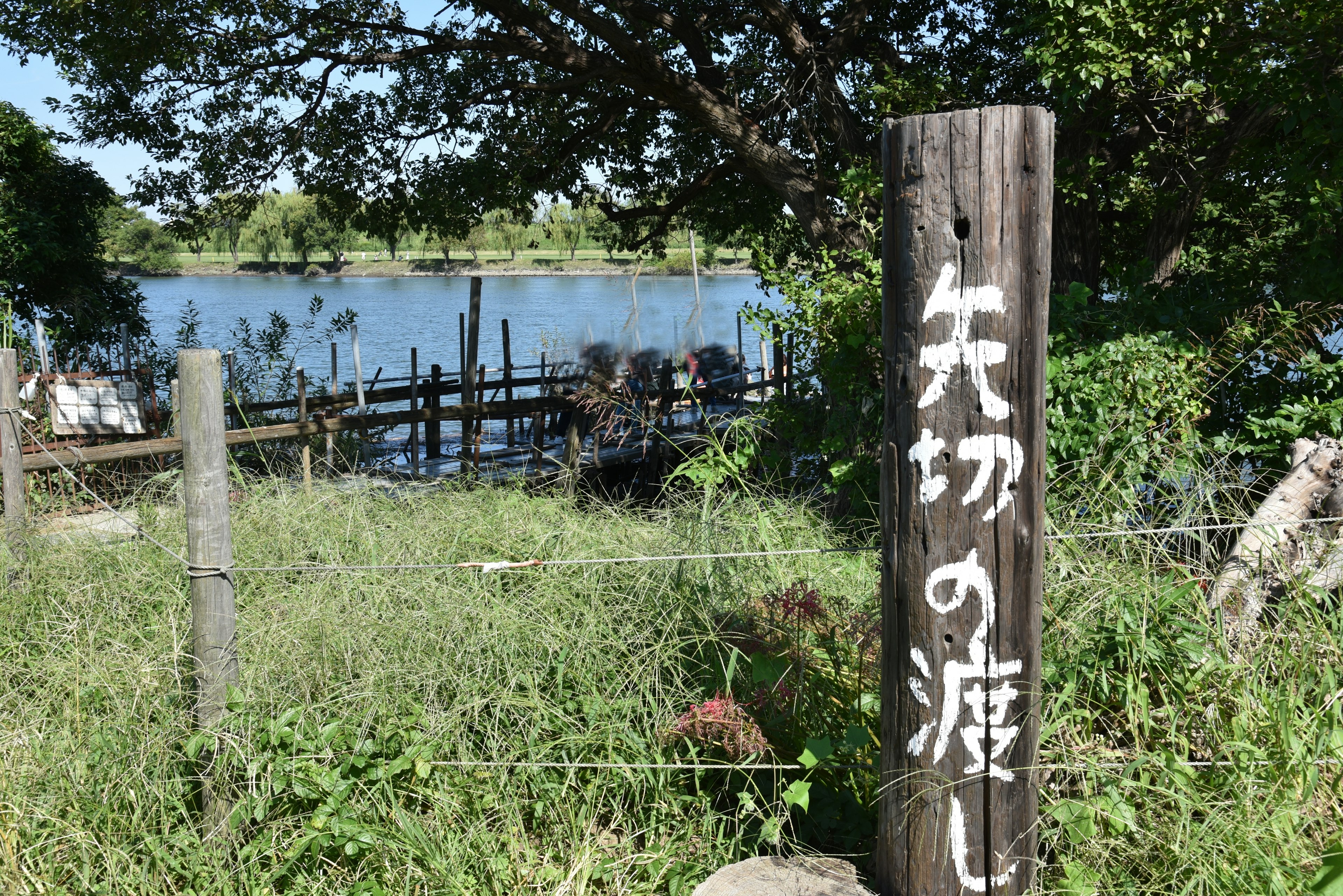 Cartel de madera cerca de un río con hierba alrededor