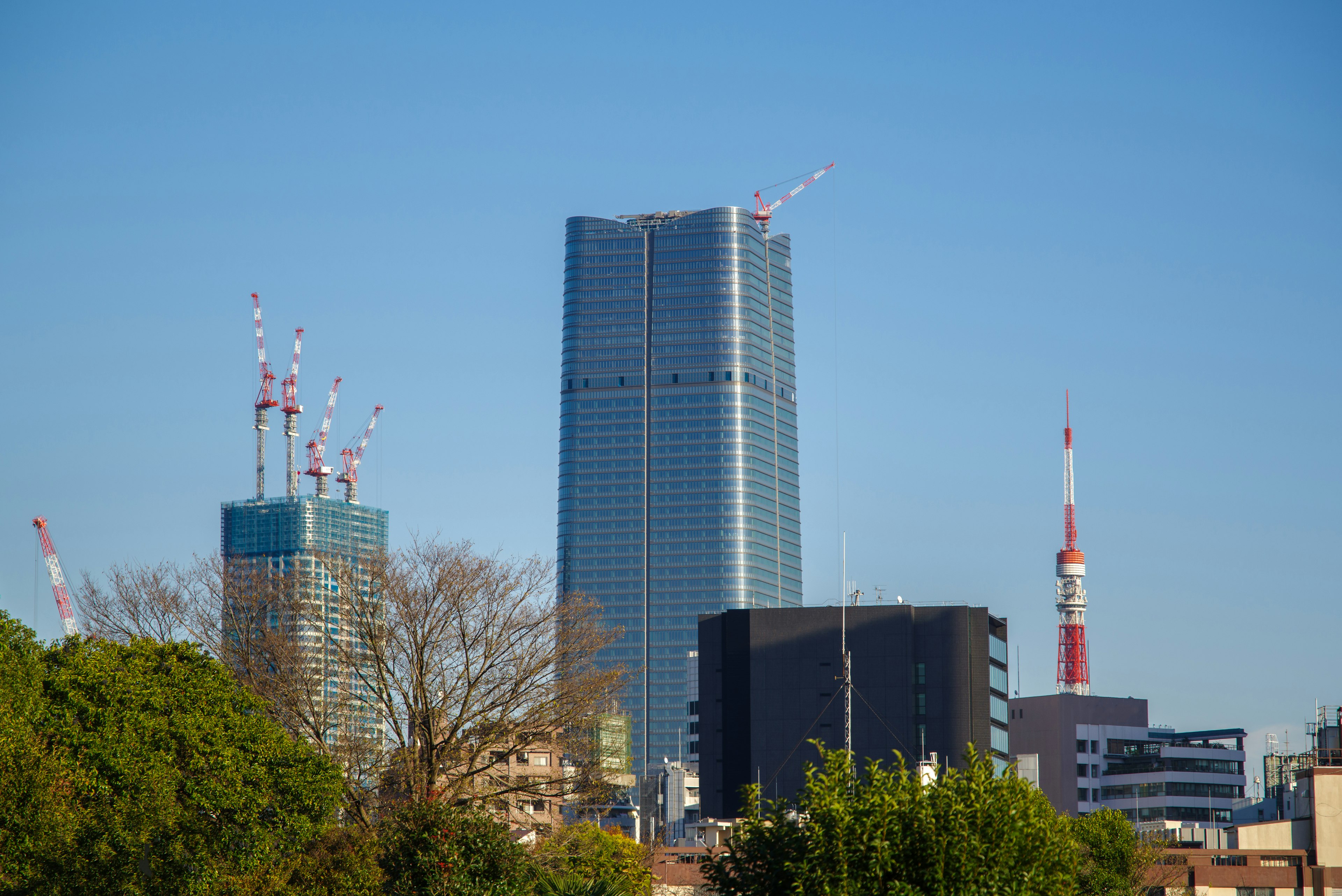 Panorama urbano con grattacieli e gru di costruzione