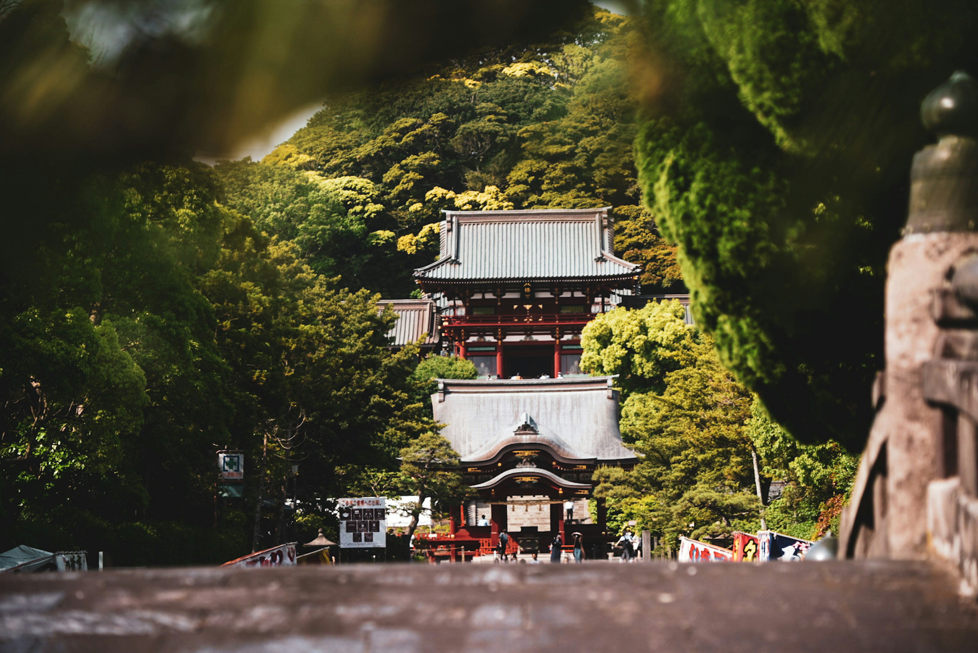 Vista escénica de un santuario japonés tradicional rodeado de exuberante vegetación