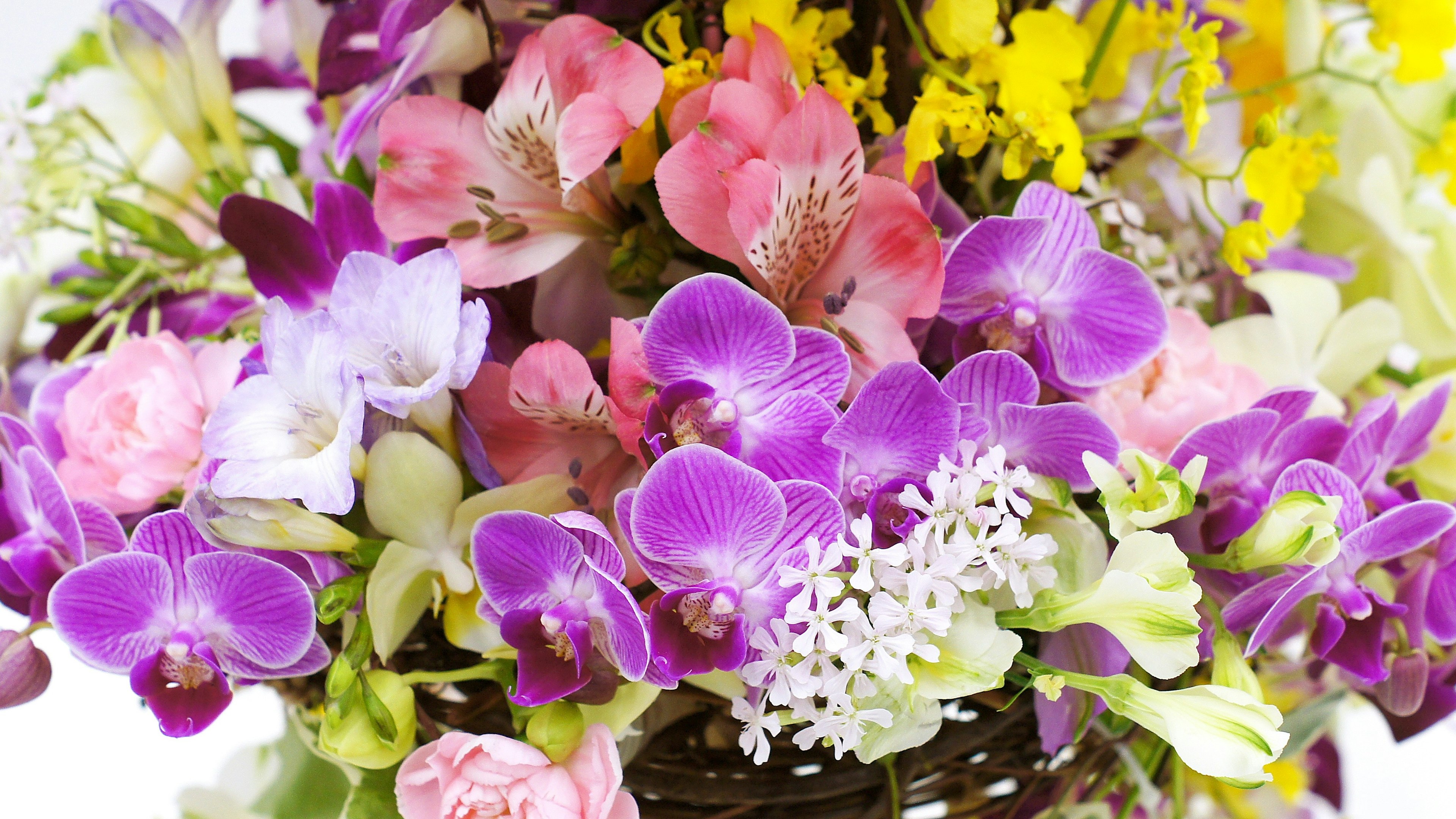 色とりどりの花々が詰まったバスケットのクローズアップ