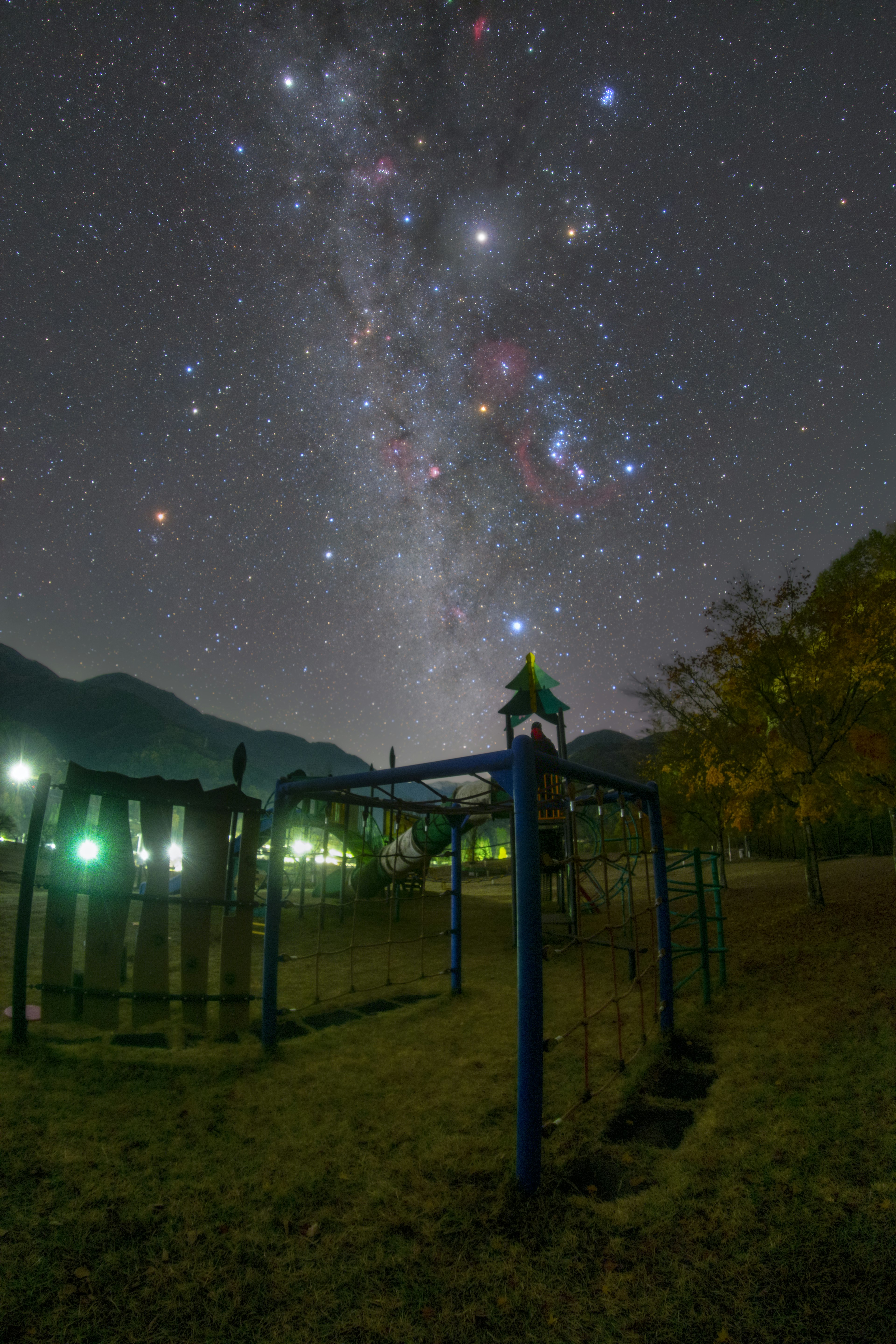 夜空に広がる星々と遊具が映る公園の風景