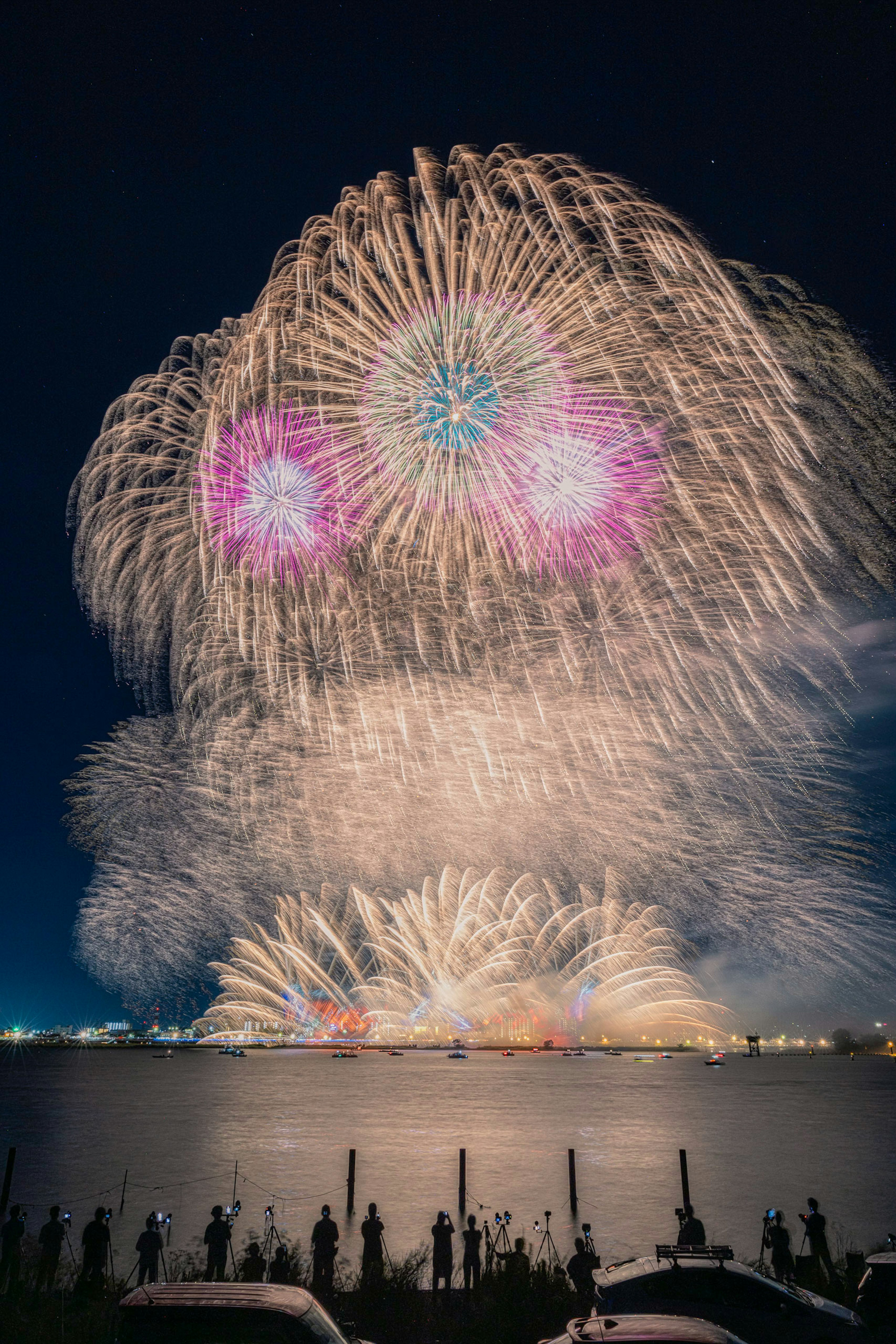 Un spectacle de feux d'artifice vibrant illuminant le ciel nocturne avec des silhouettes de spectateurs