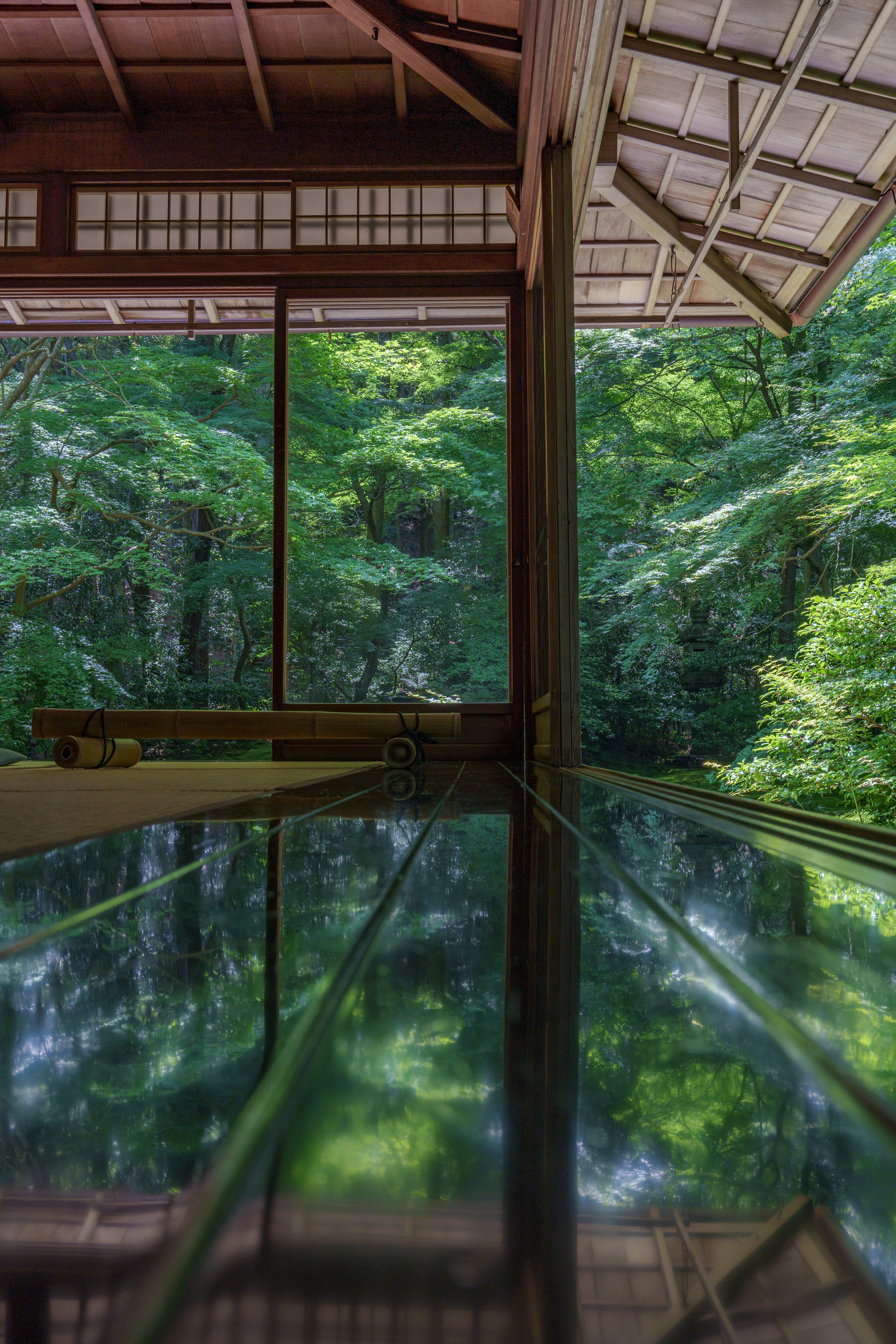 Interior bangunan tradisional Jepang dengan pohon hijau di latar belakang Lantai reflektif di bawah cahaya alami