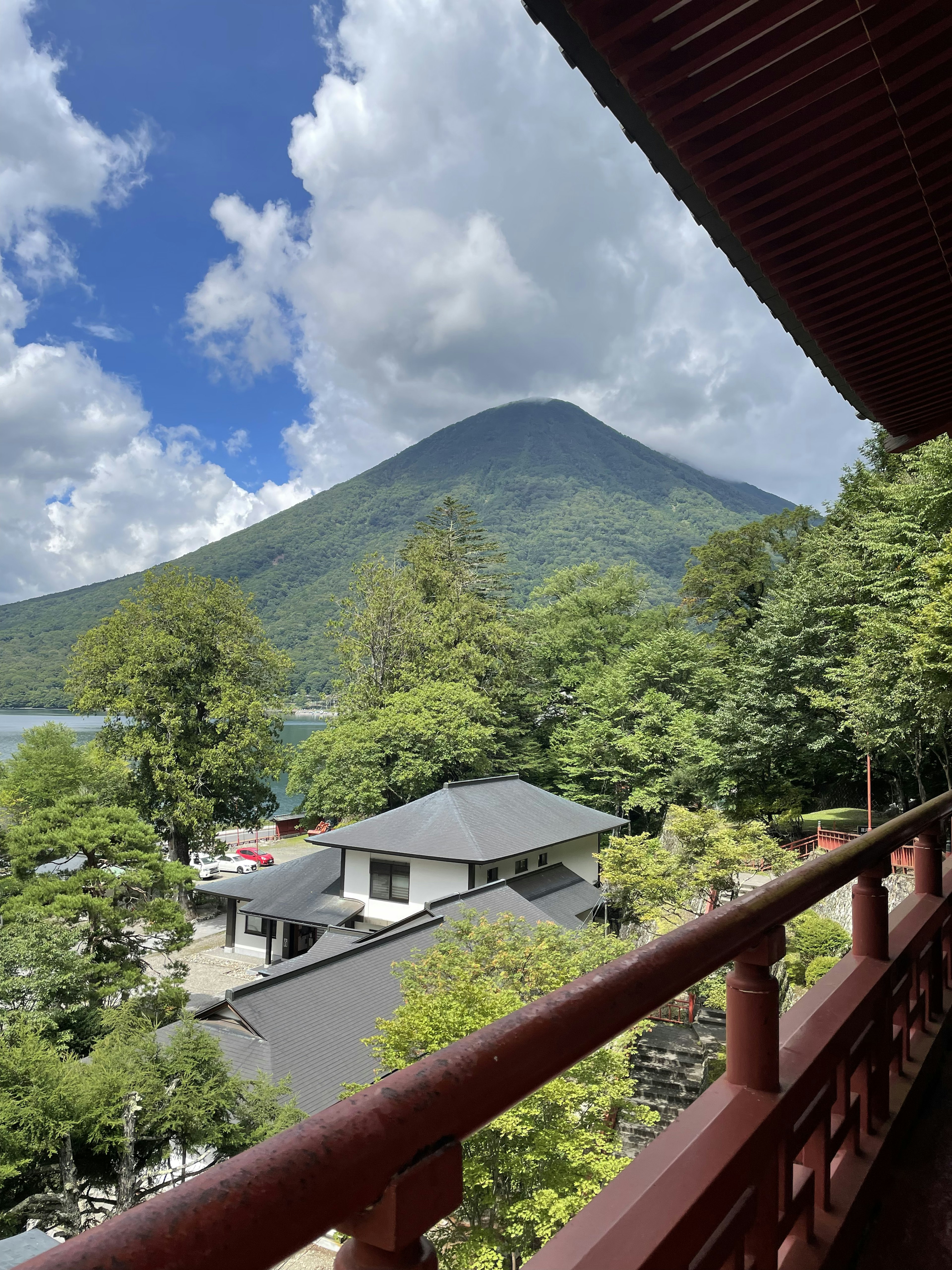 Vue depuis un balcon sur une montagne et une verdure luxuriante