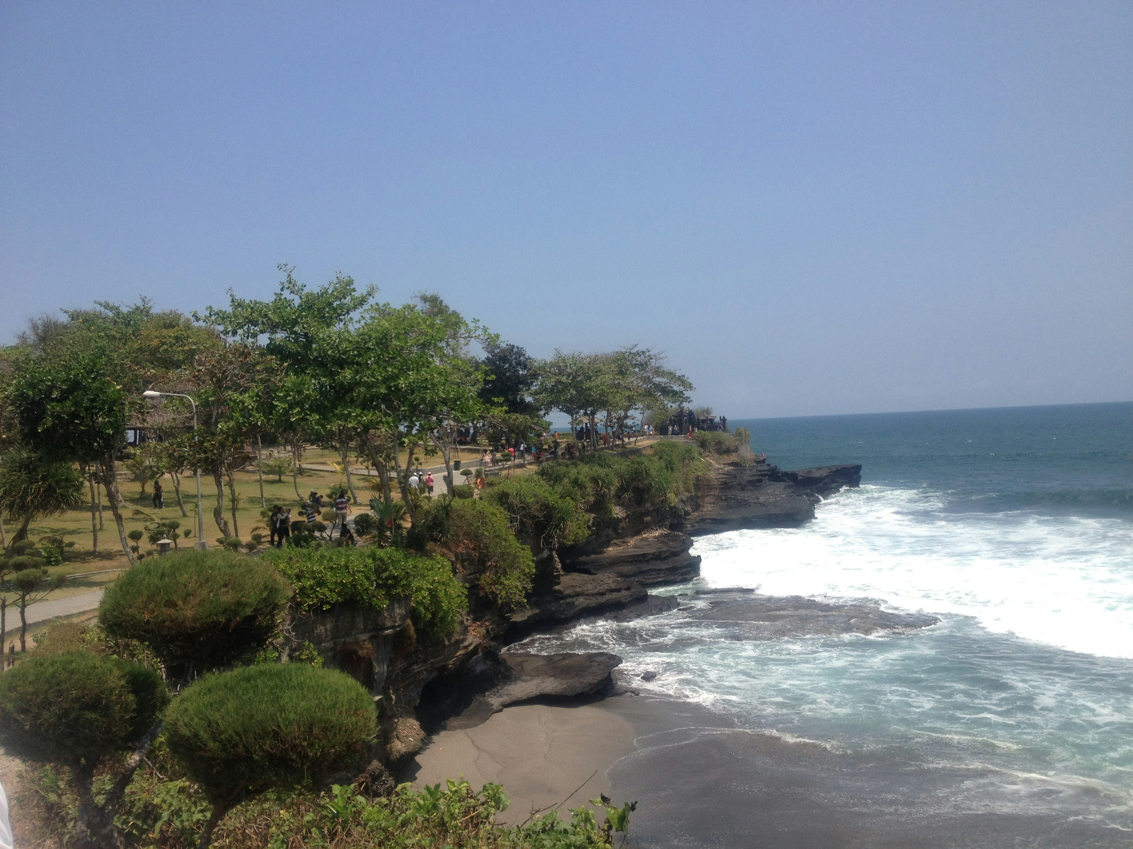 Pemandangan indah taman pantai dengan pepohonan hijau dan ombak yang menghantam