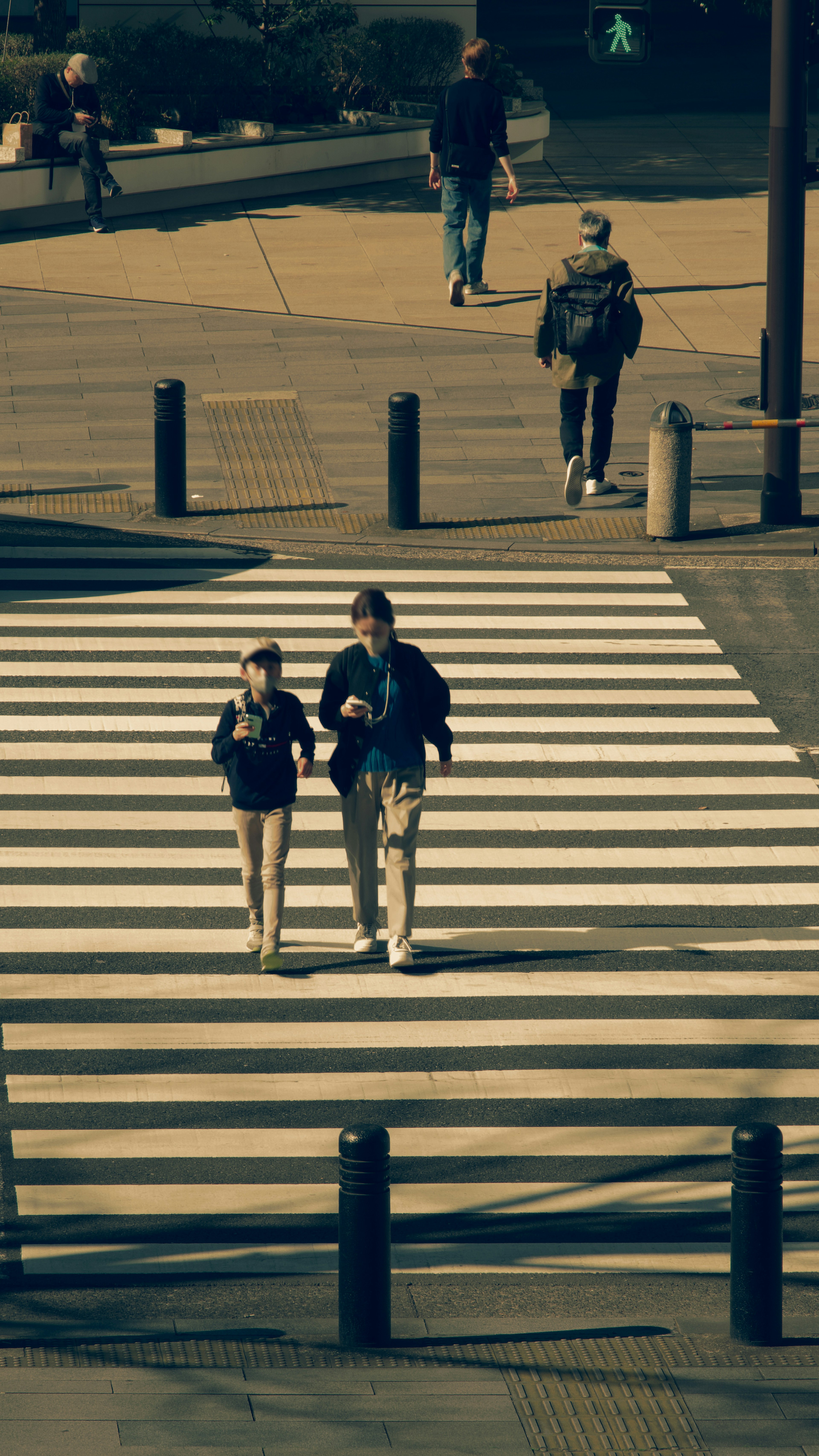 Dos personas cruzando un paso de cebra con peatones al fondo