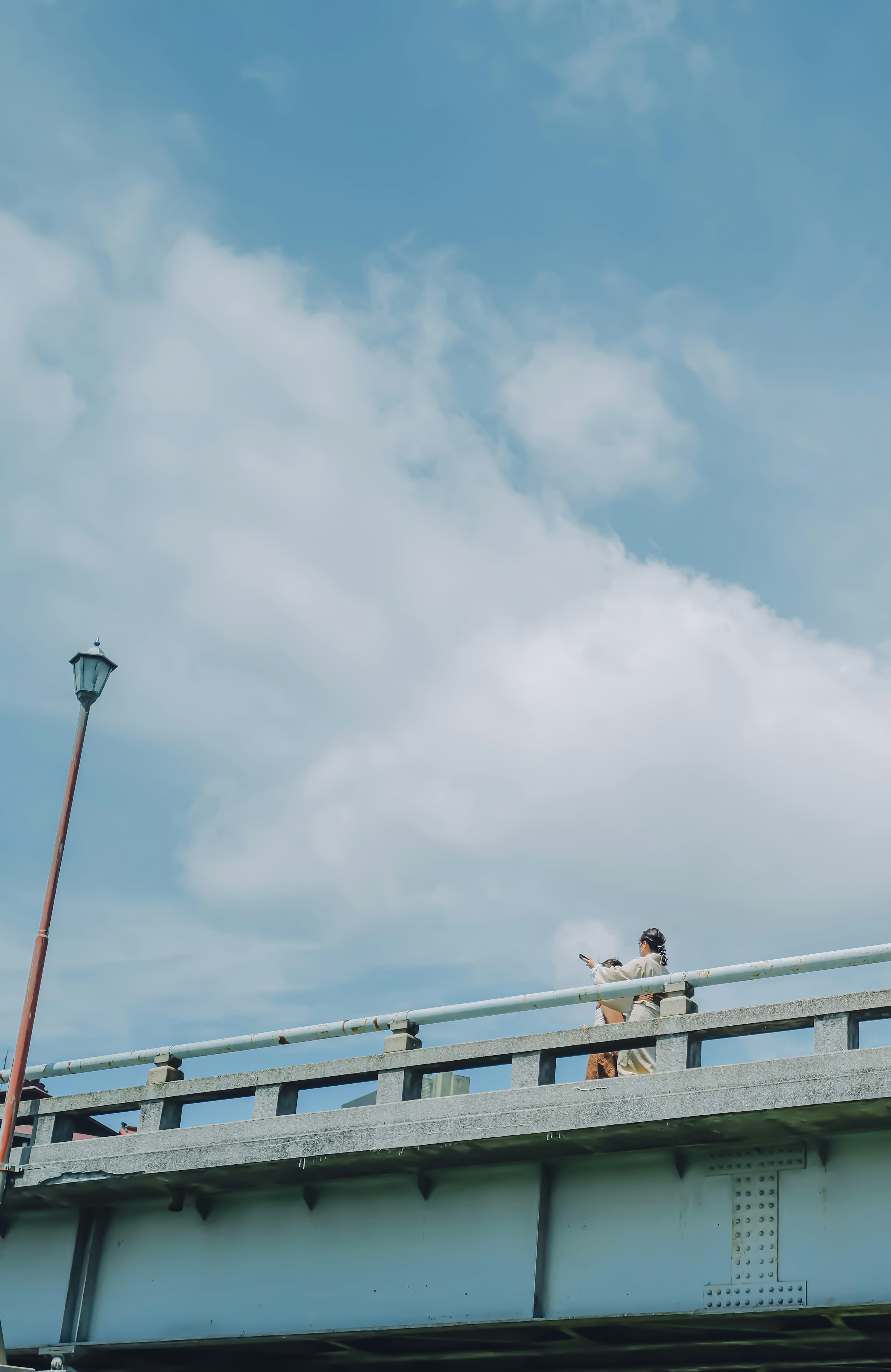 青空の下で橋の上を歩く人が写っている