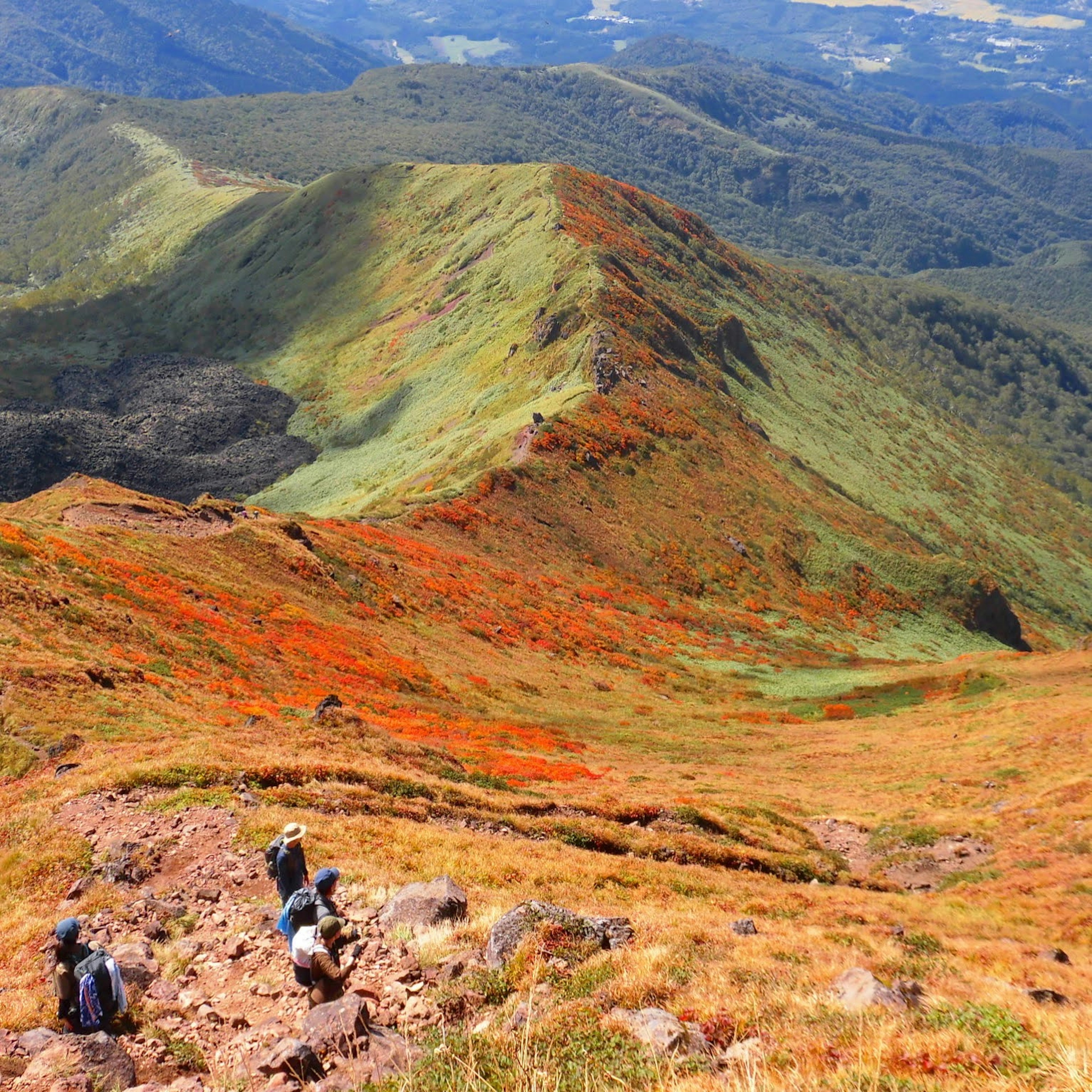 色とりどりの草原を背景にした山の風景と登山者たち