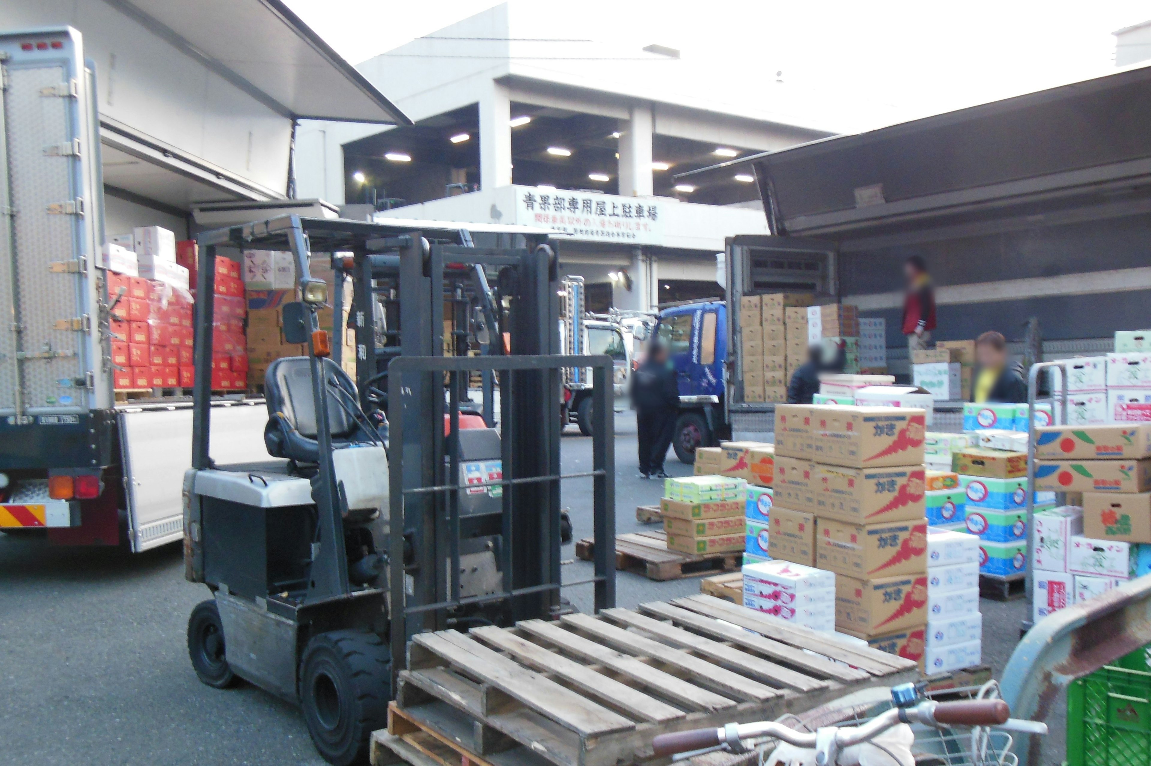 Forklift mengangkut barang di gudang dengan kotak kardus yang ditumpuk