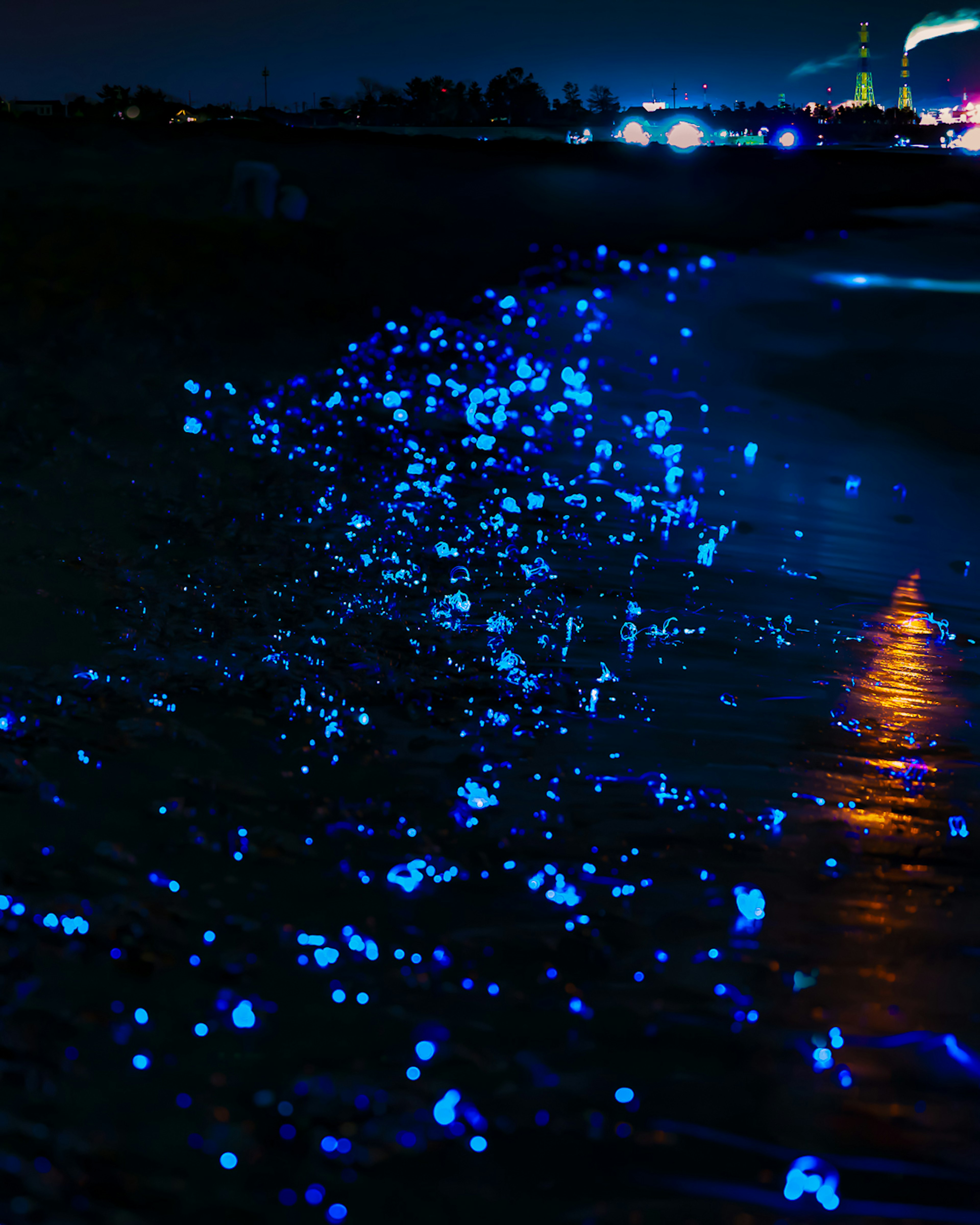 Vagues bioluminescentes bleues scintillantes sur l'océan sombre avec des lumières au loin