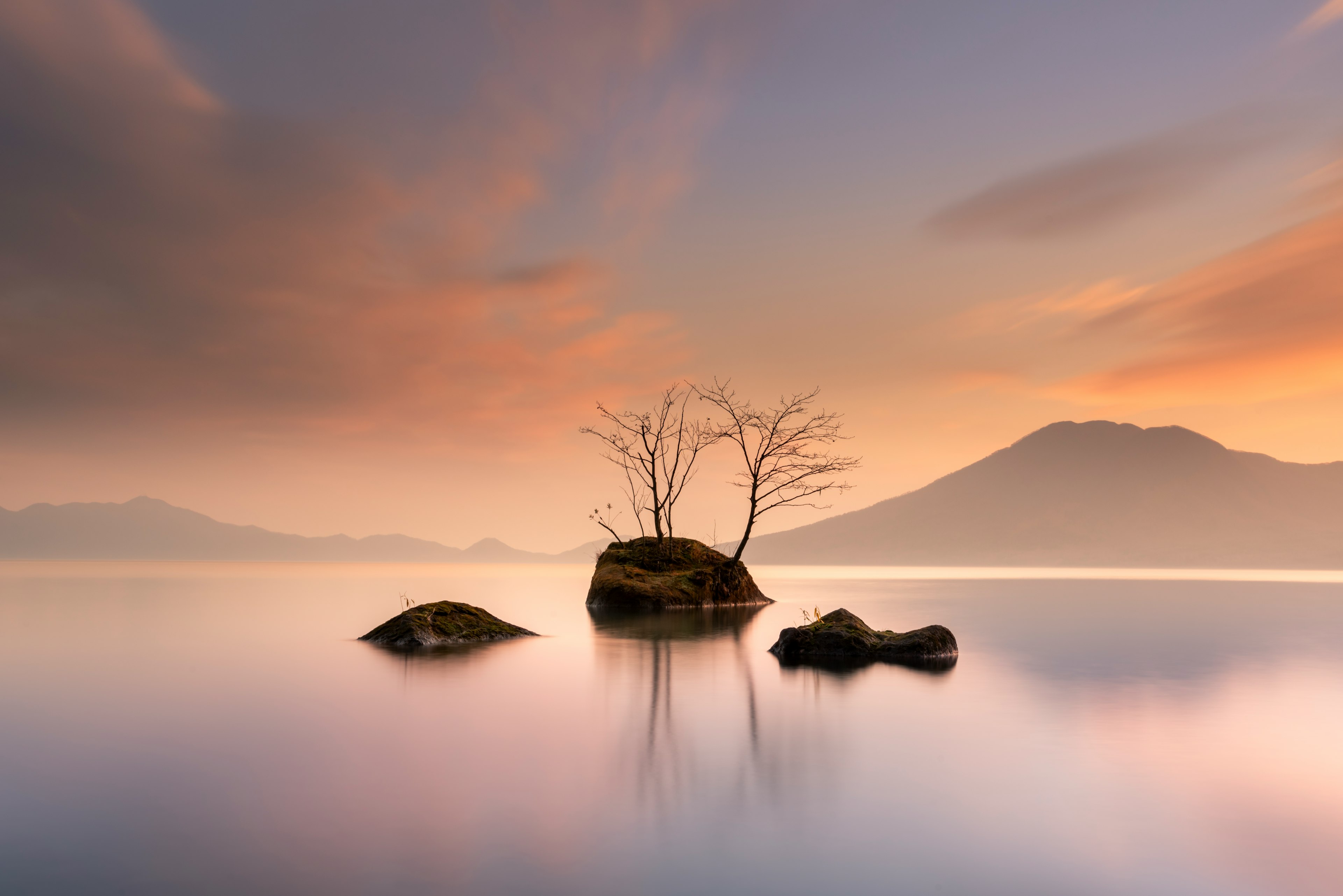 Eine kleine Insel mit einem einzigen Baum in einem ruhigen See sanftes Licht des Sonnenuntergangs spiegelt sich im Wasser