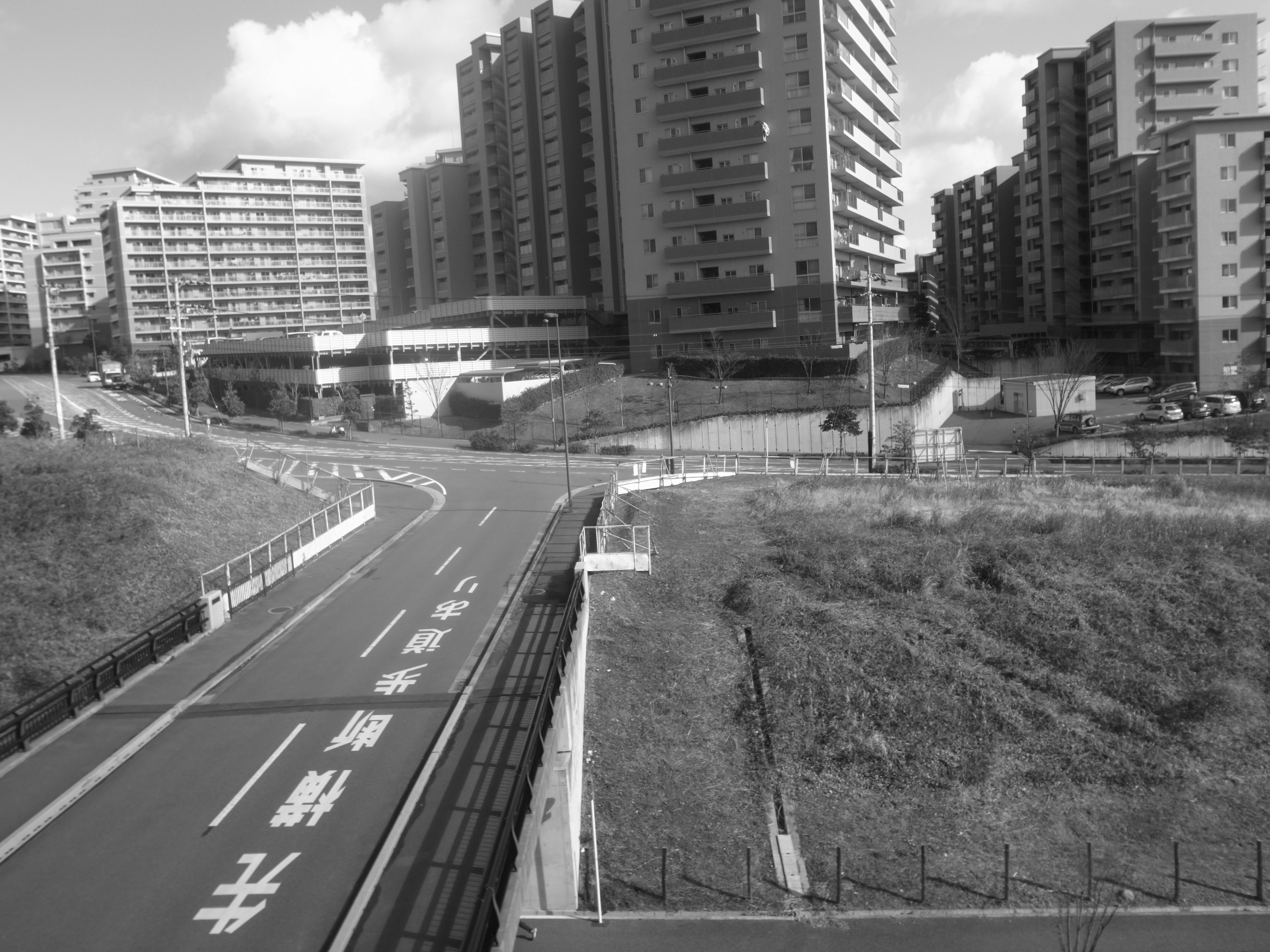 Black and white cityscape featuring high-rise buildings and a winding road