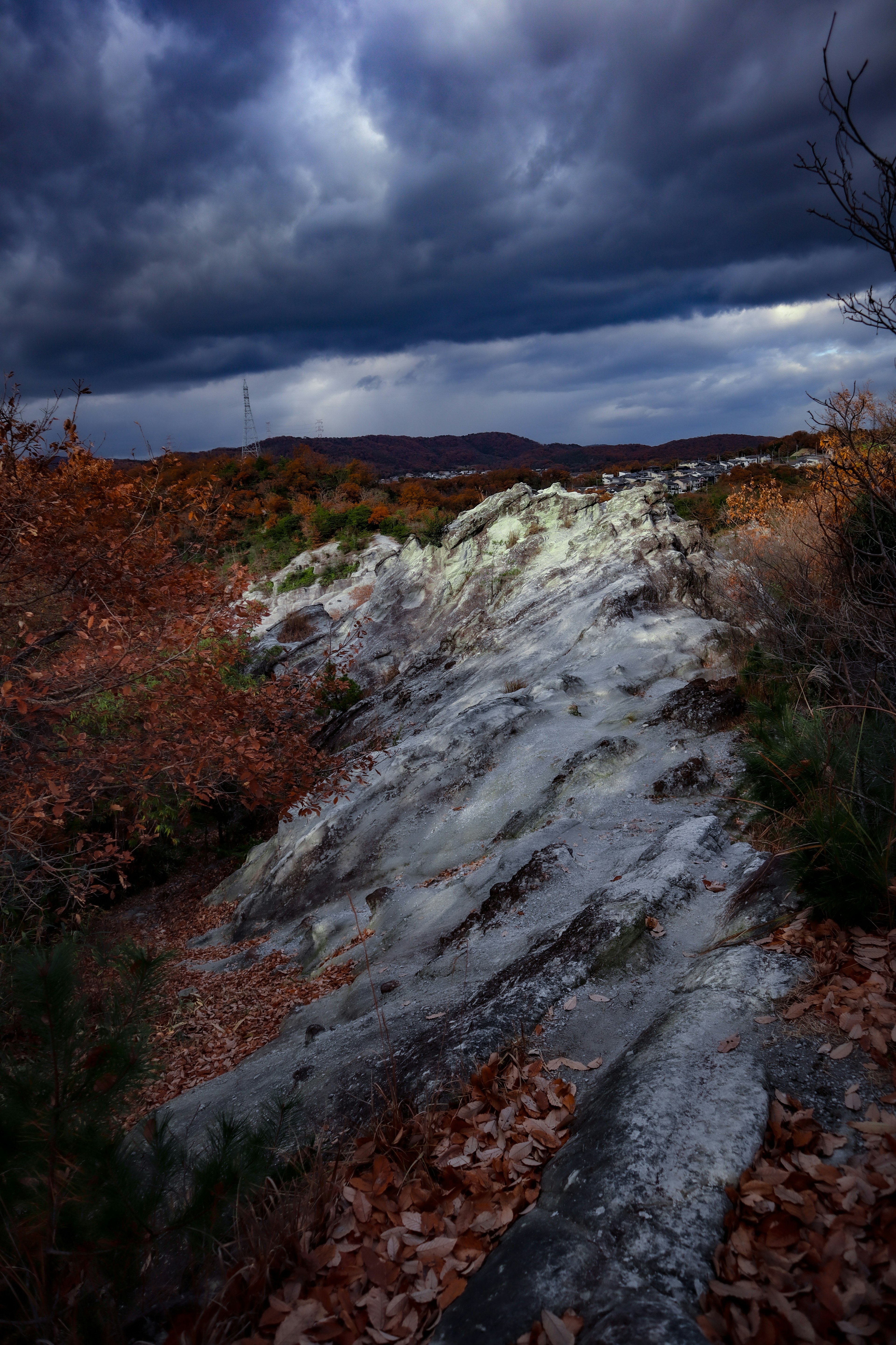 Rocky path with dark clouds and autumn leaves