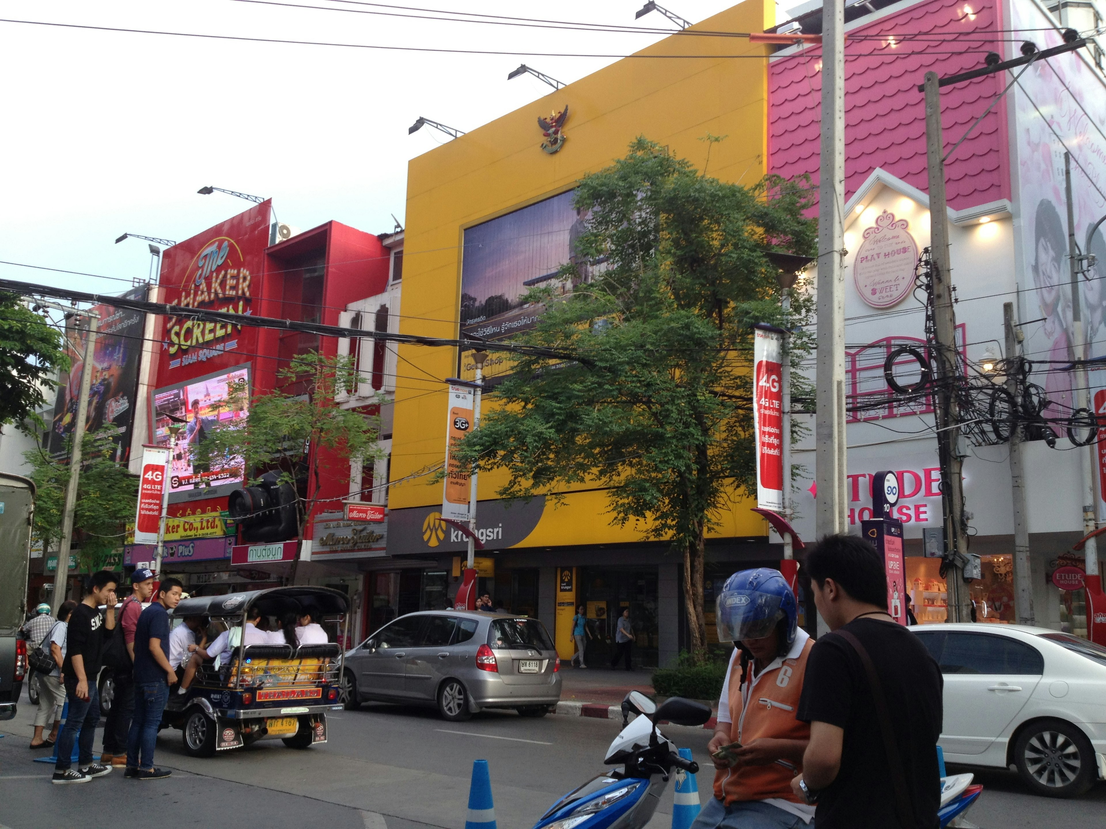 Colorful buildings lining a street corner