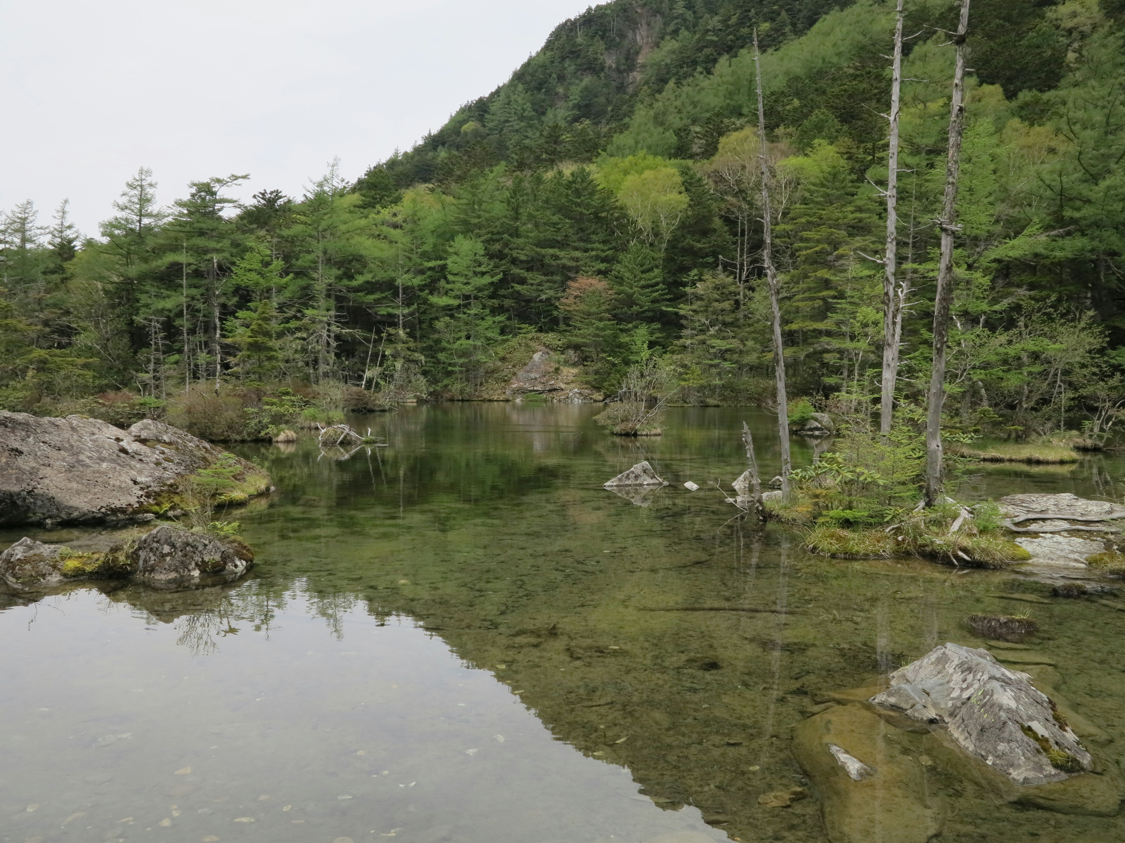 Lac serein reflétant des arbres verts et un paysage rocheux