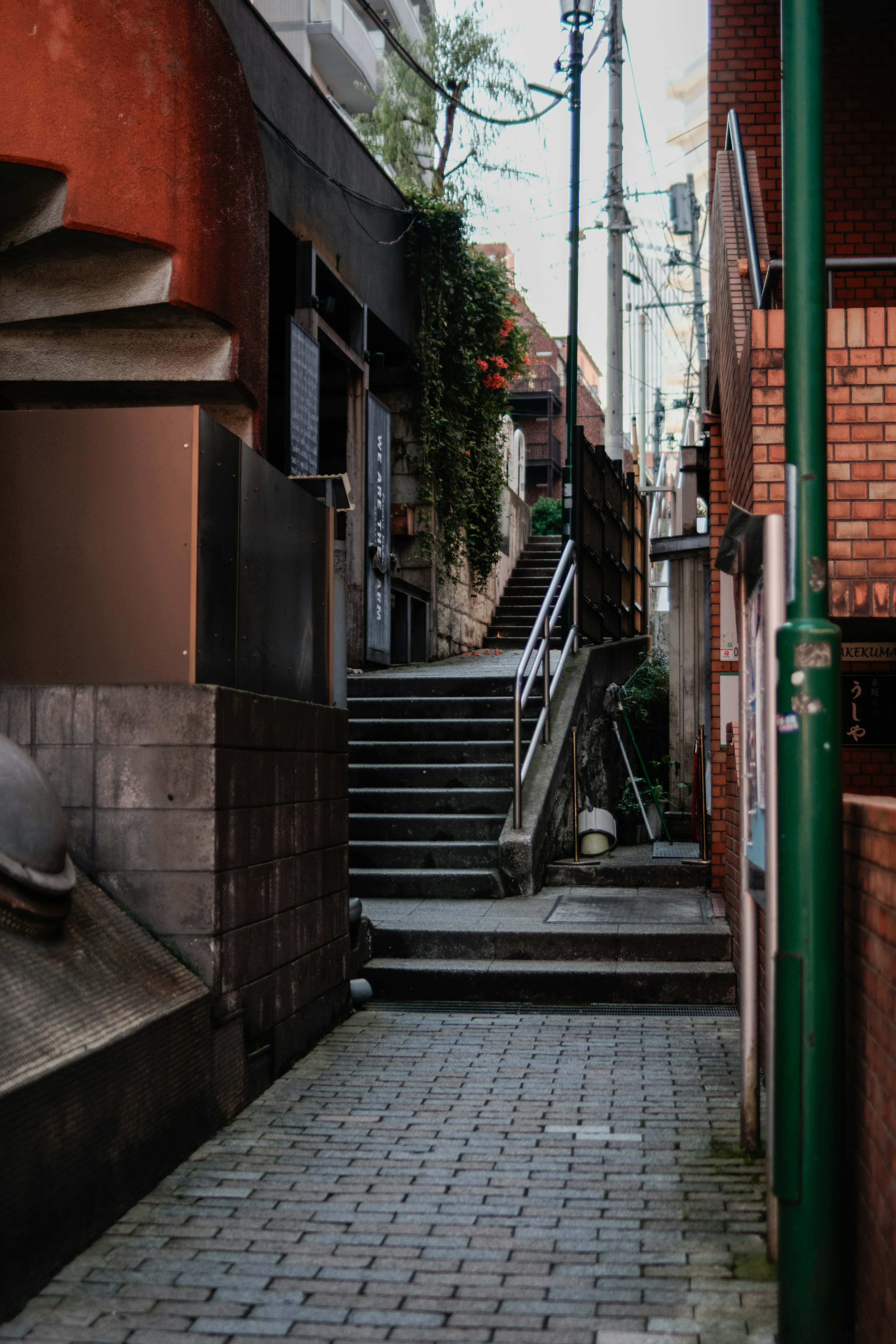 赤い壁に囲まれた狭い路地の階段と石畳