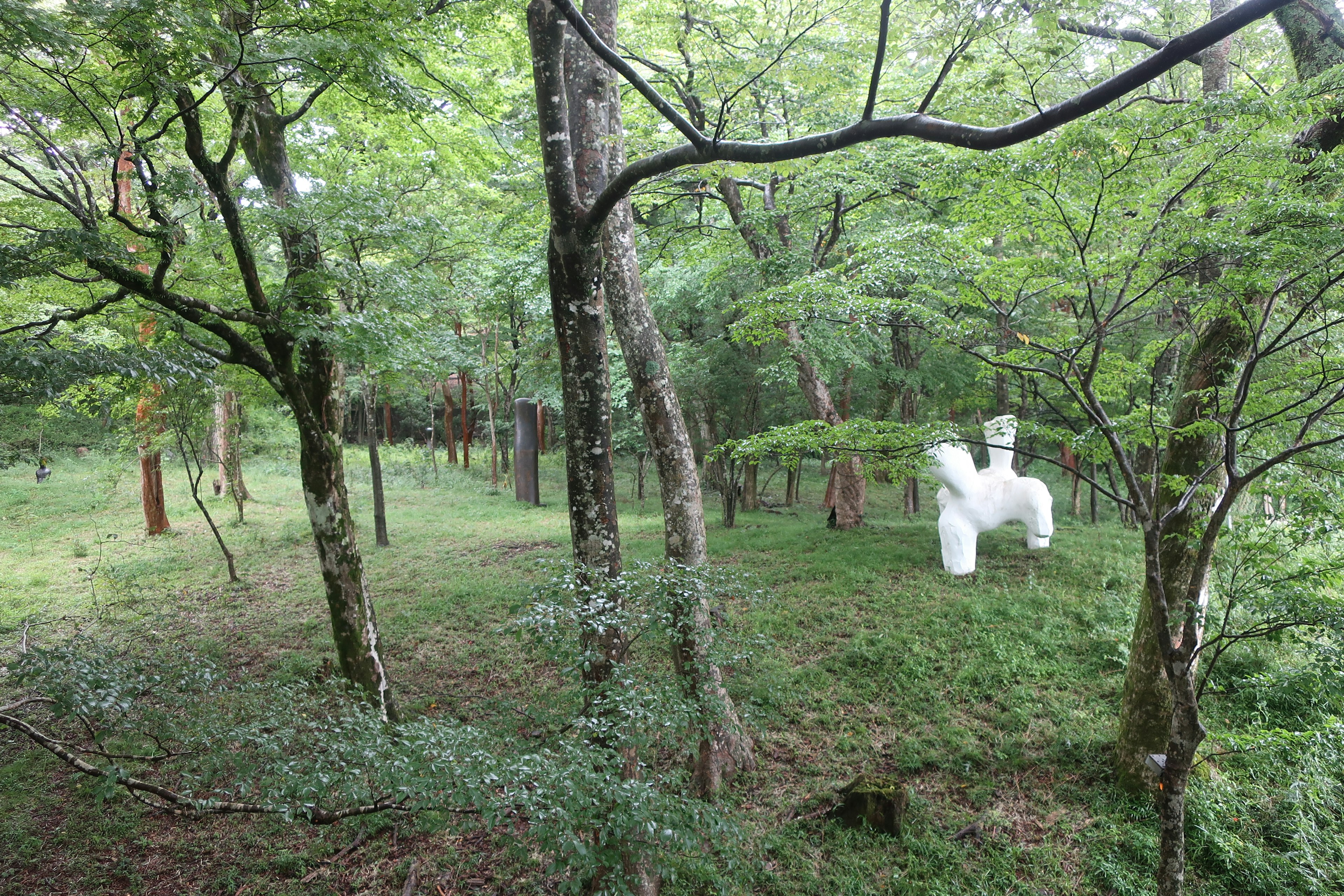 Eine weiße Skulptur in einer grünen Waldlandschaft