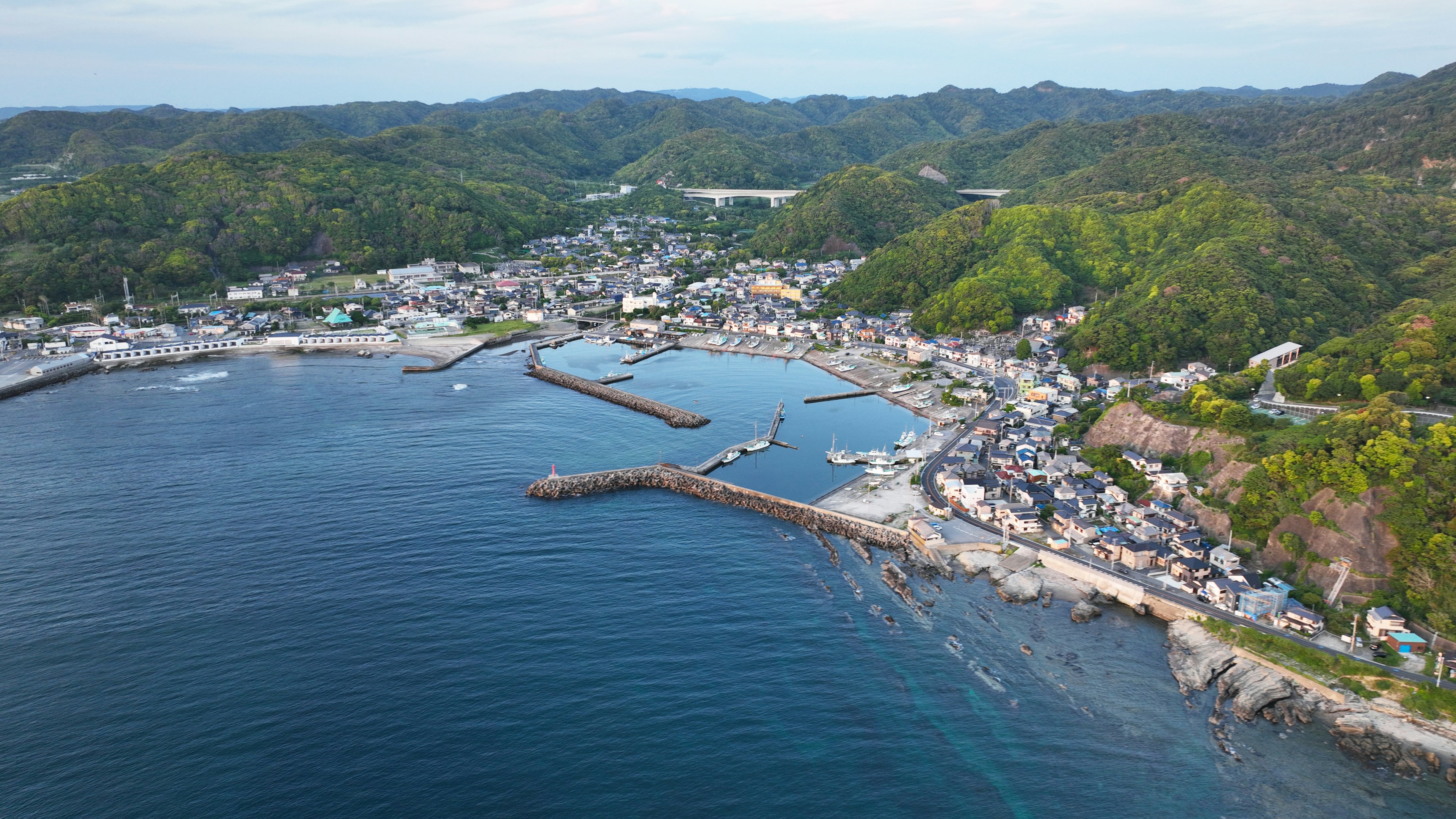 海岸小镇的鸟瞰图，绿色山丘和港口