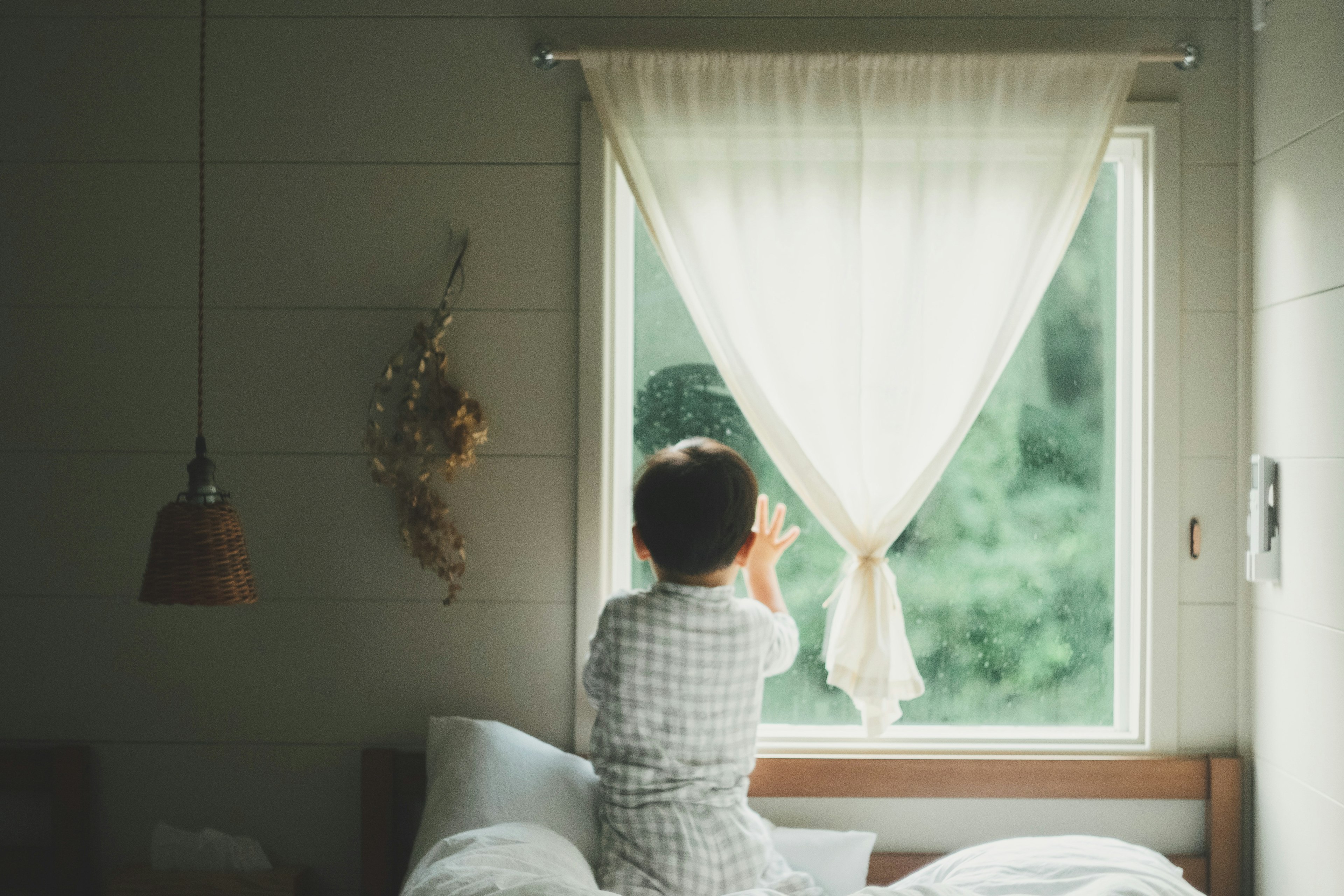 Enfant ouvrant des rideaux de fenêtre dans une pièce éclairée par la lumière naturelle