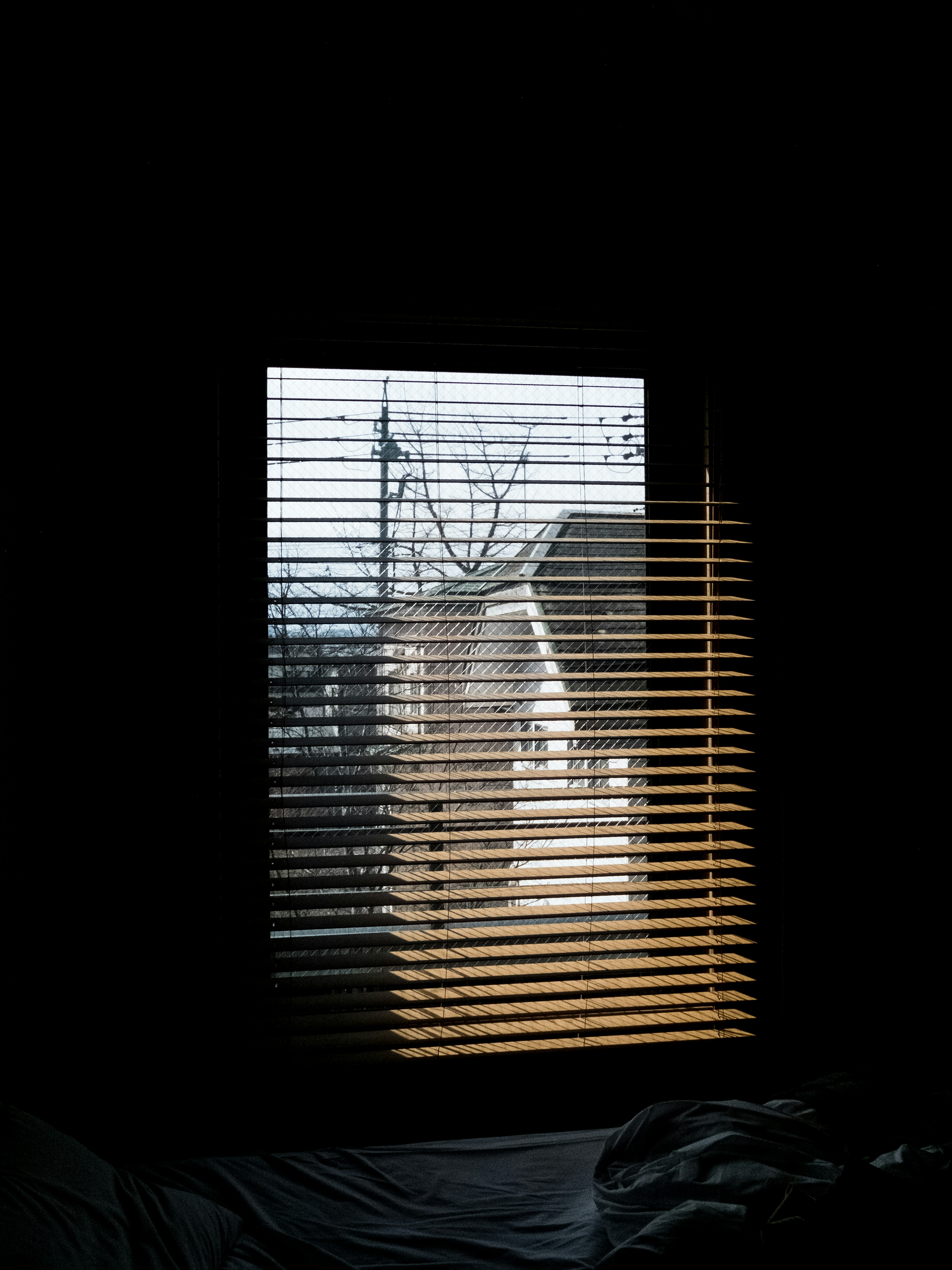 Innenansicht durch Jalousien mit Licht, das durch ein Fenster strömt