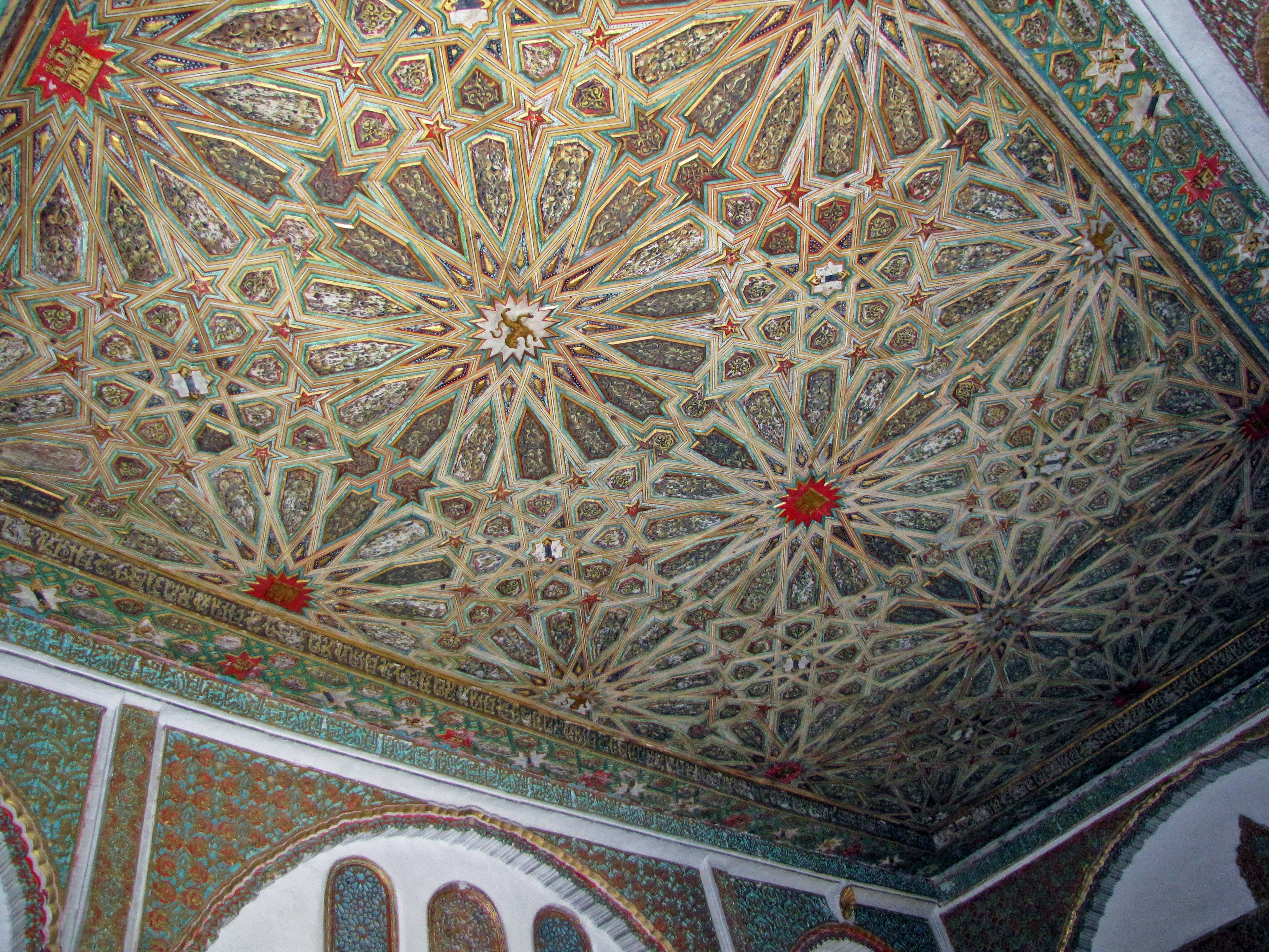 Intricate geometric ceiling decoration with vibrant artwork