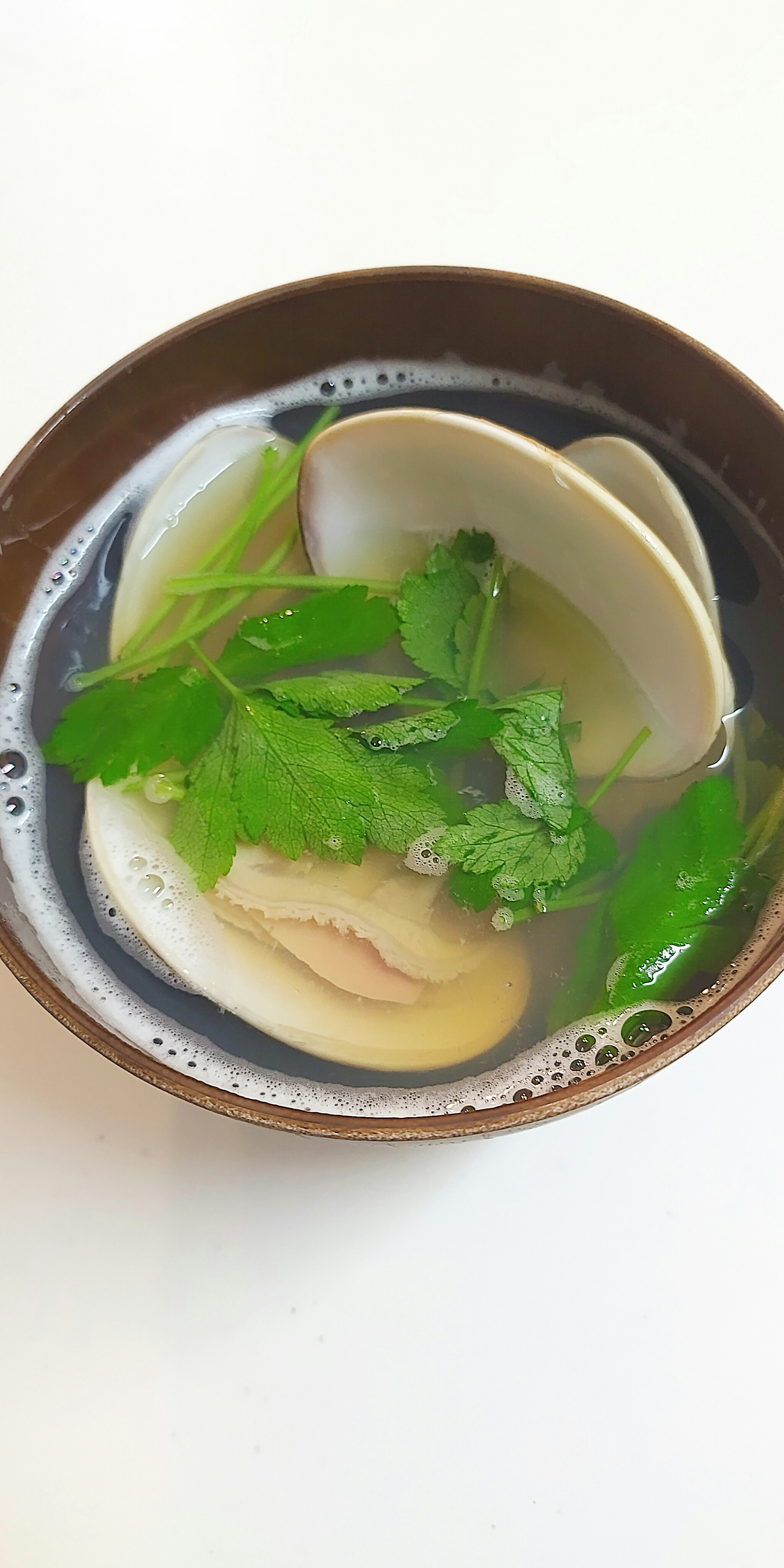 Bowl of soup with clams and herbs