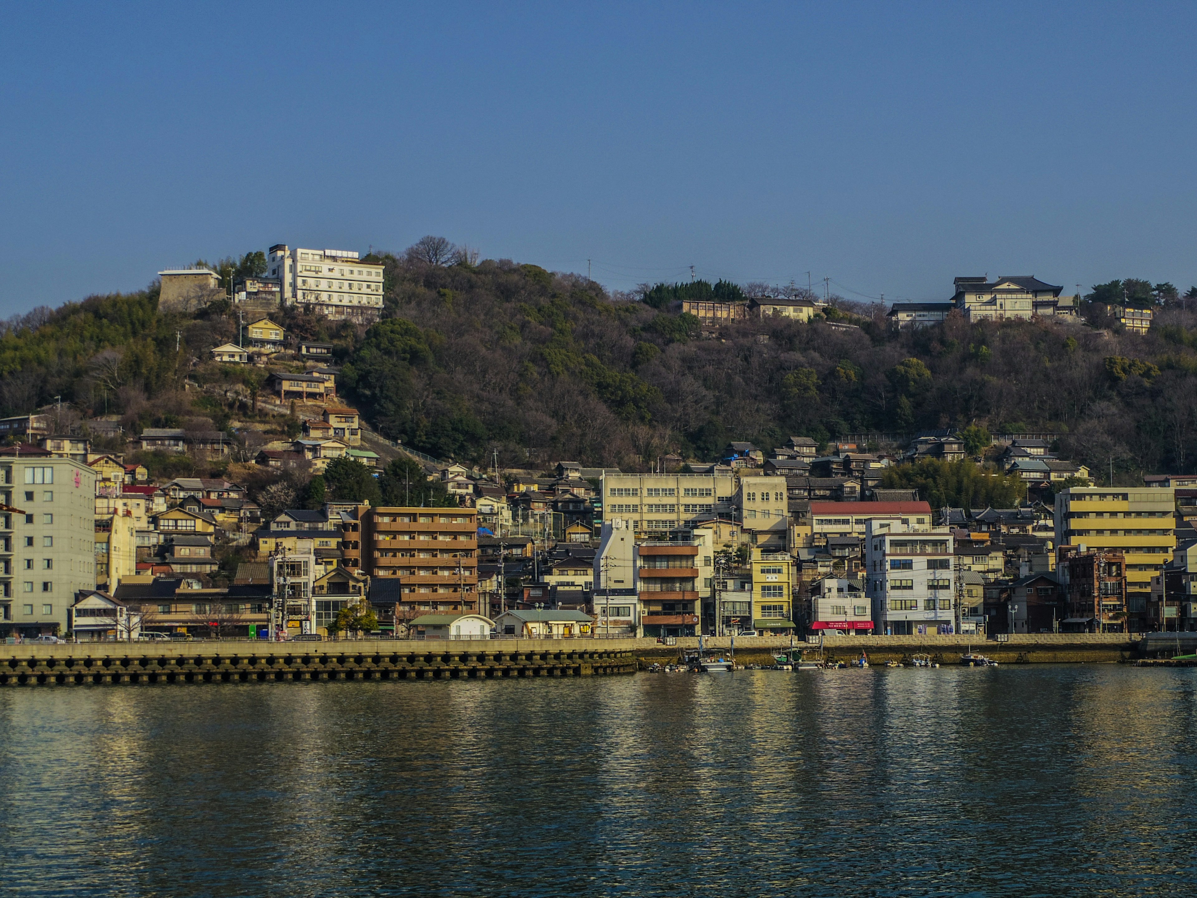 Coastal residential area with hillside and clear blue sky