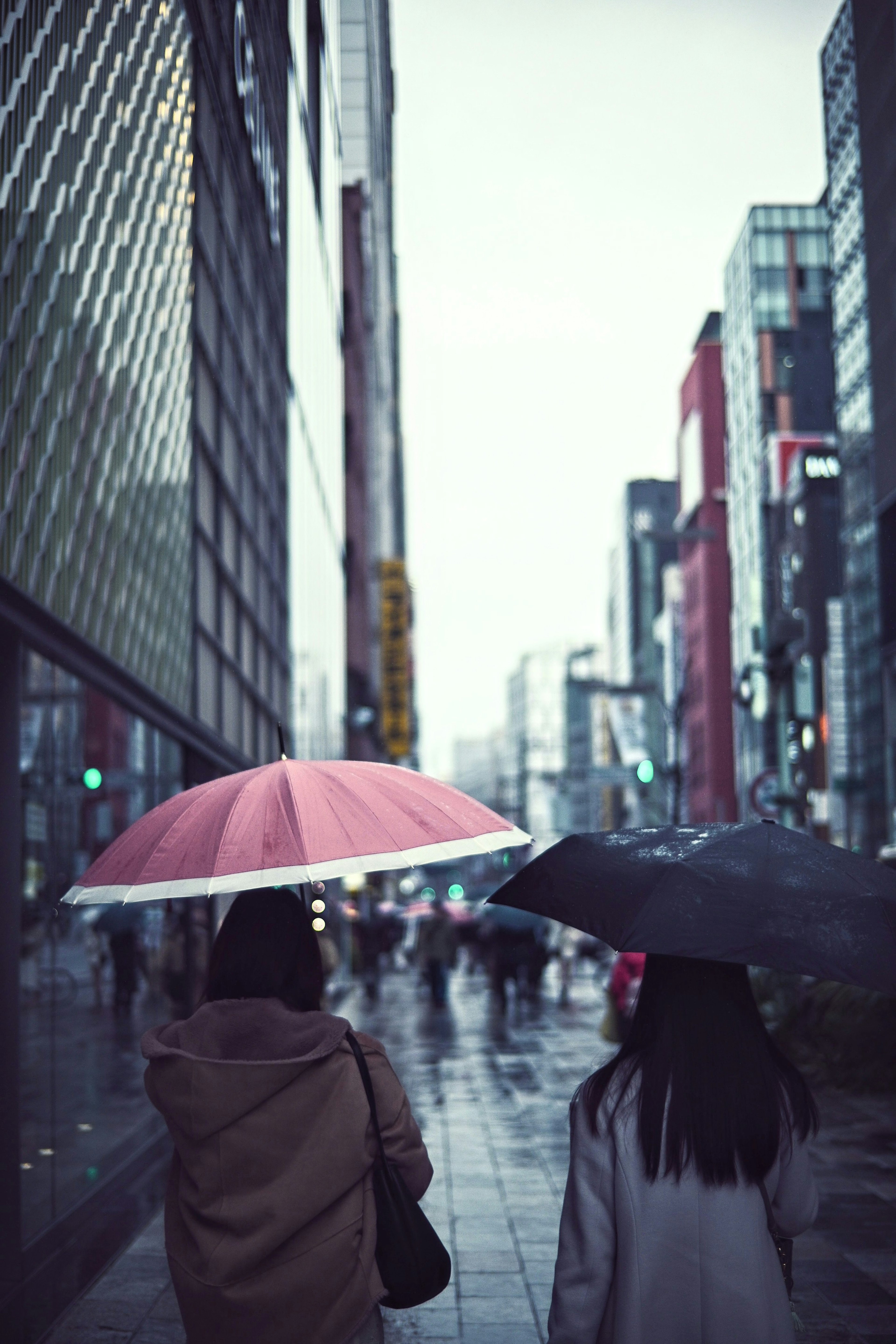 Deux femmes marchant sous la pluie avec des parapluies paysage urbain avec des grands bâtiments