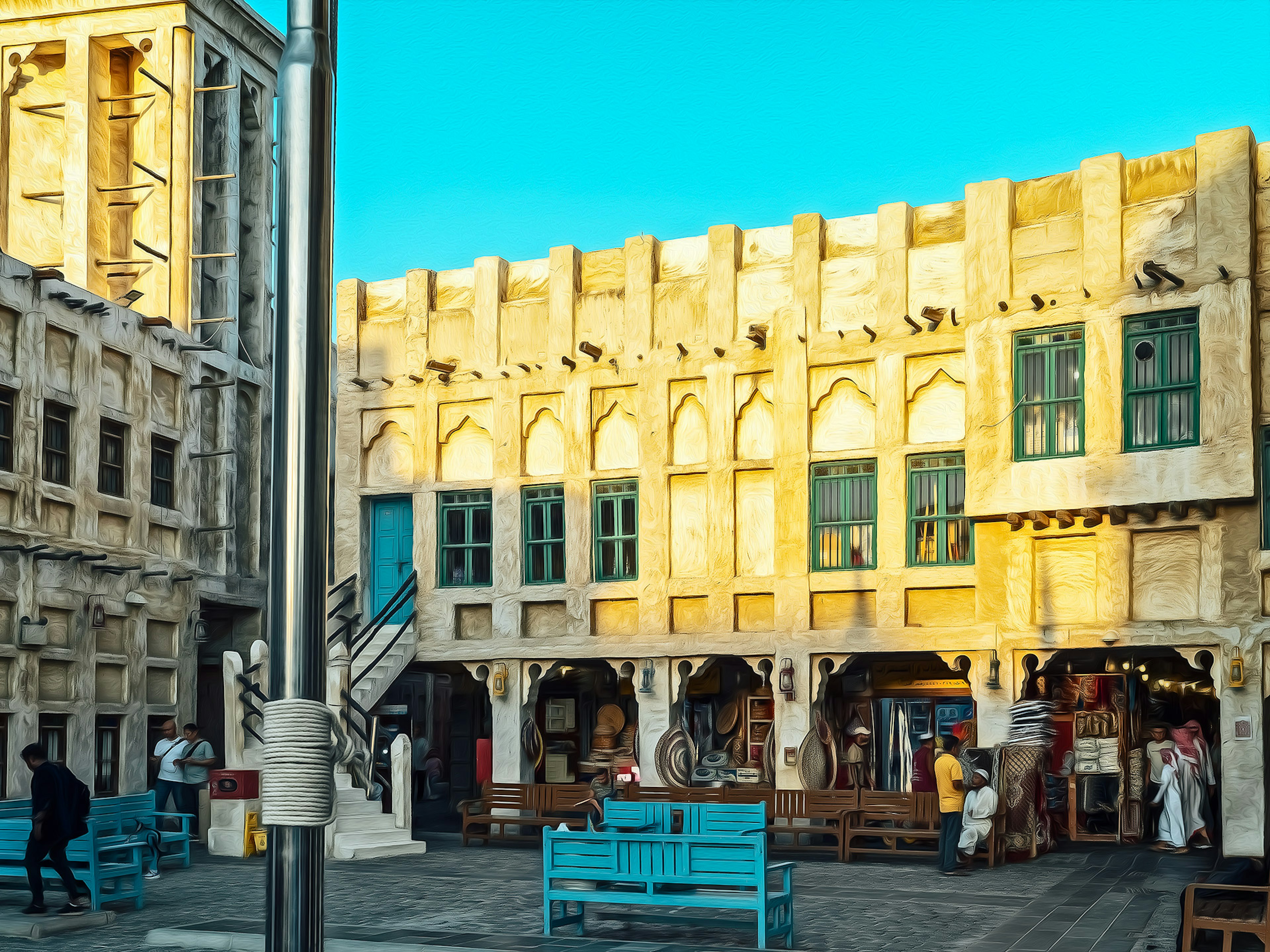 Traditional Qatari architecture with blue sky