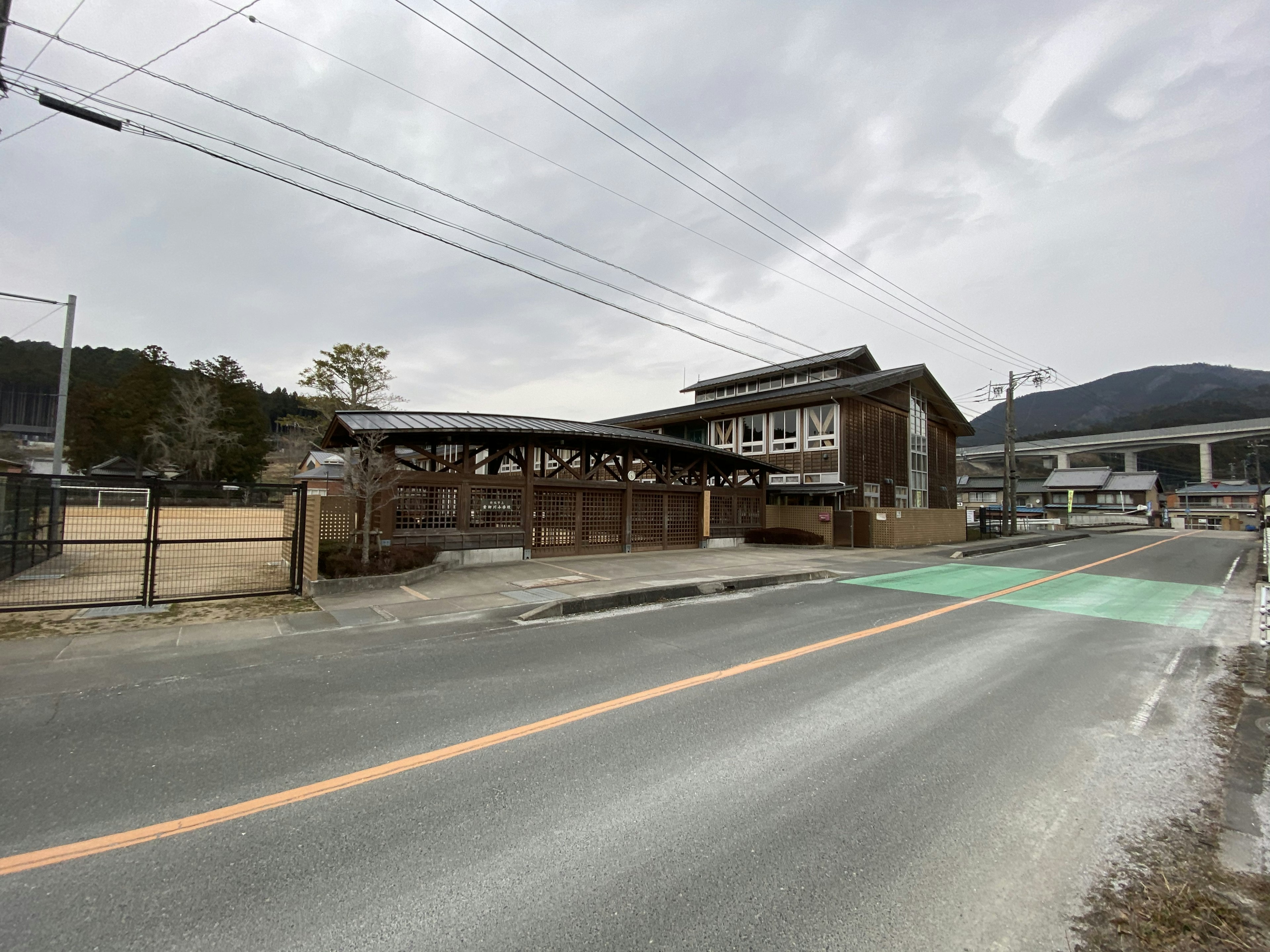 Traditional Japanese building along the road with a cloudy sky