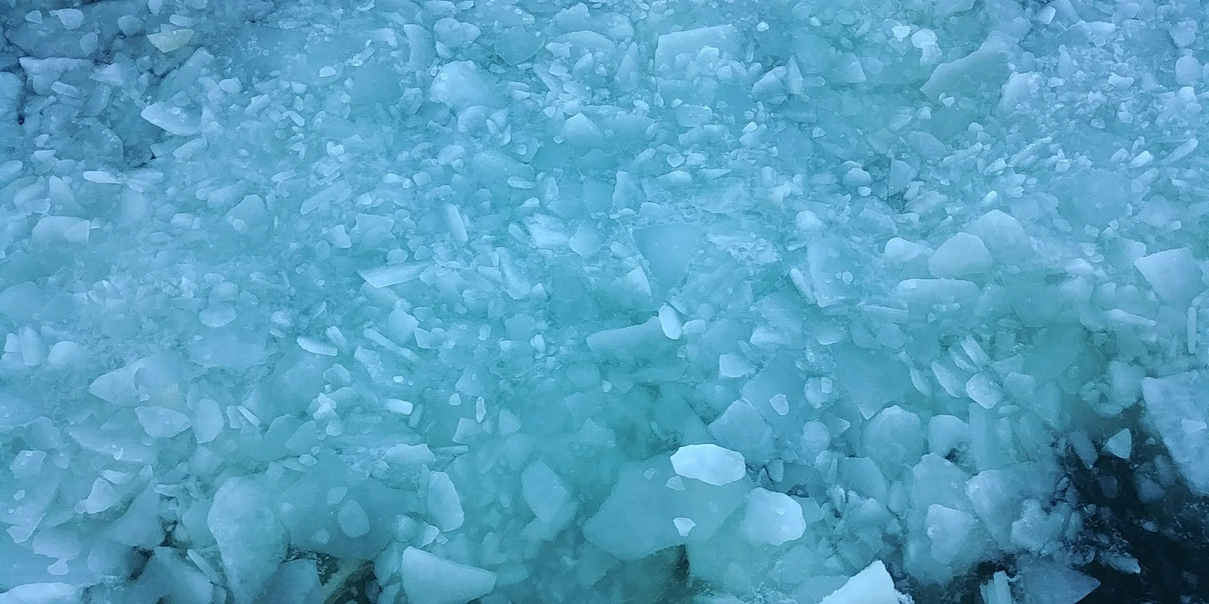 氷の塊が散らばる青い氷の表面