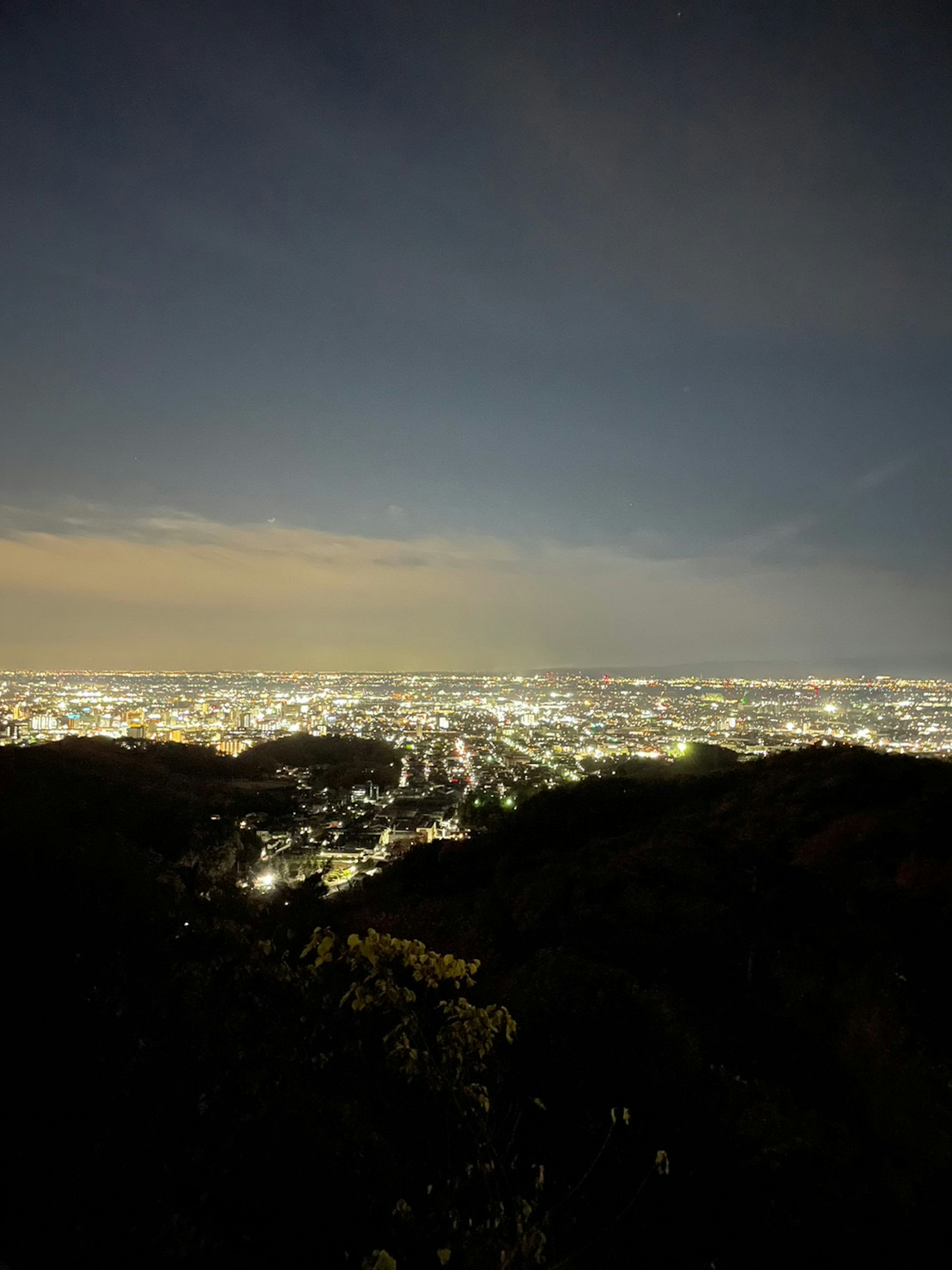 夜景の都市と山のシルエットが見える