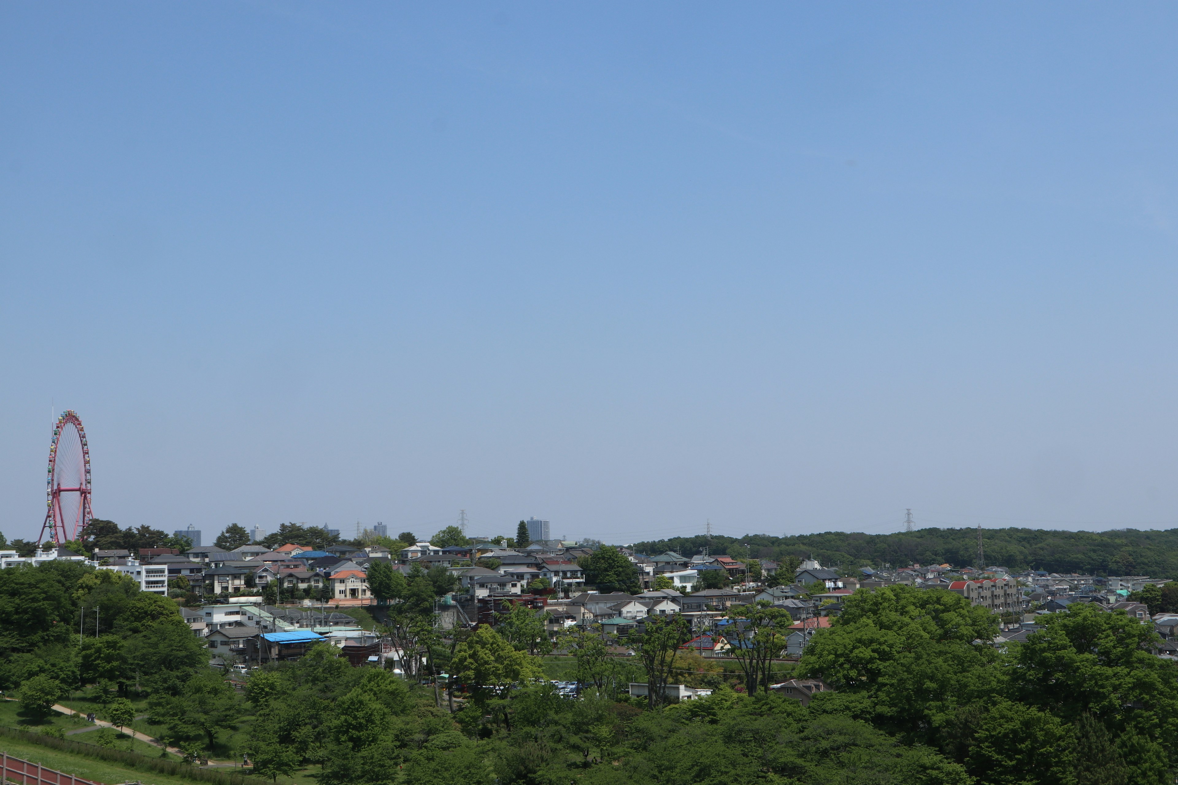 Residential area and greenery under a blue sky featuring a distant Ferris wheel