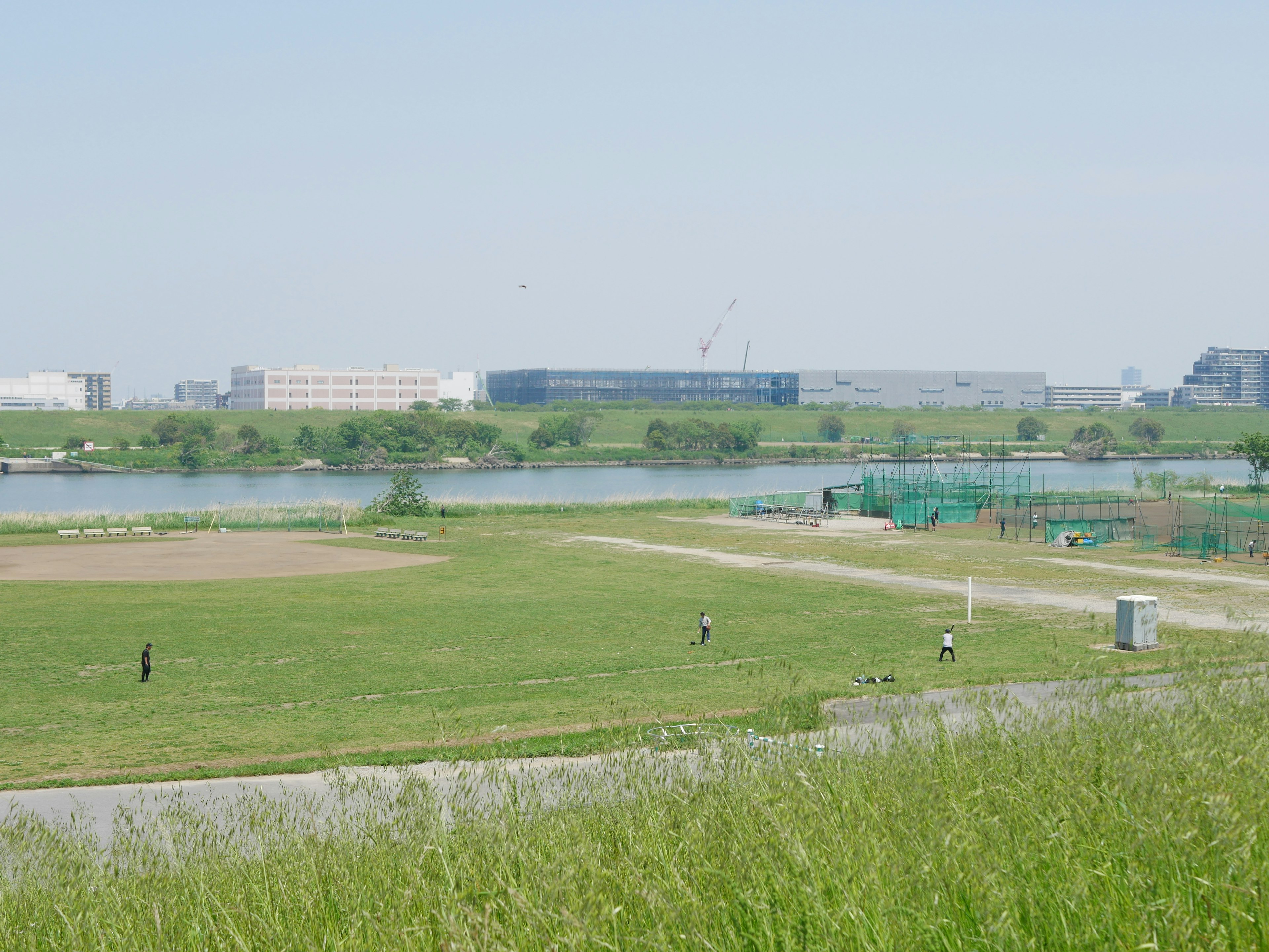 Ampio spazio verde vicino a un fiume con edifici moderni sullo sfondo