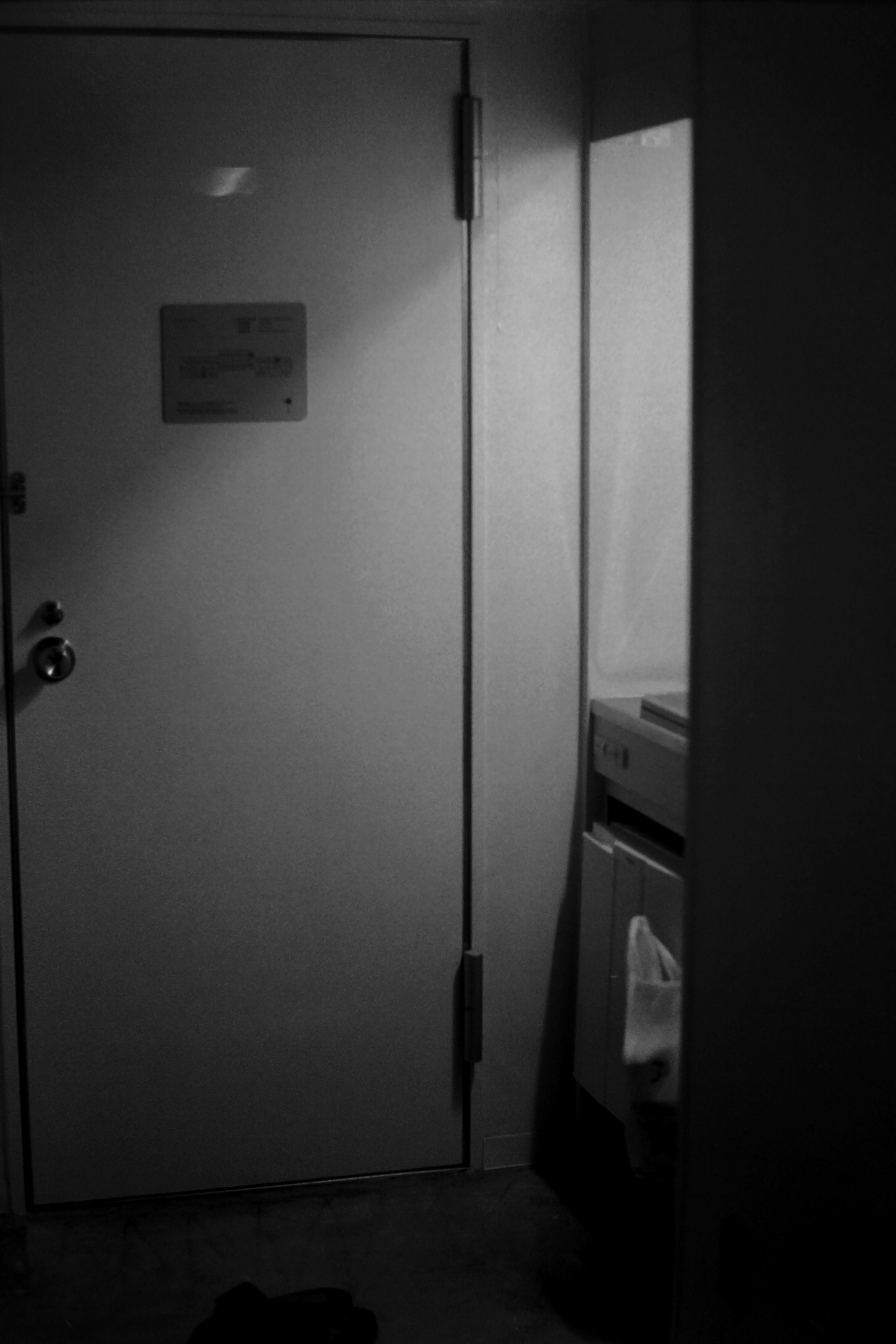 A dark space featuring a door and a wall with a mirror