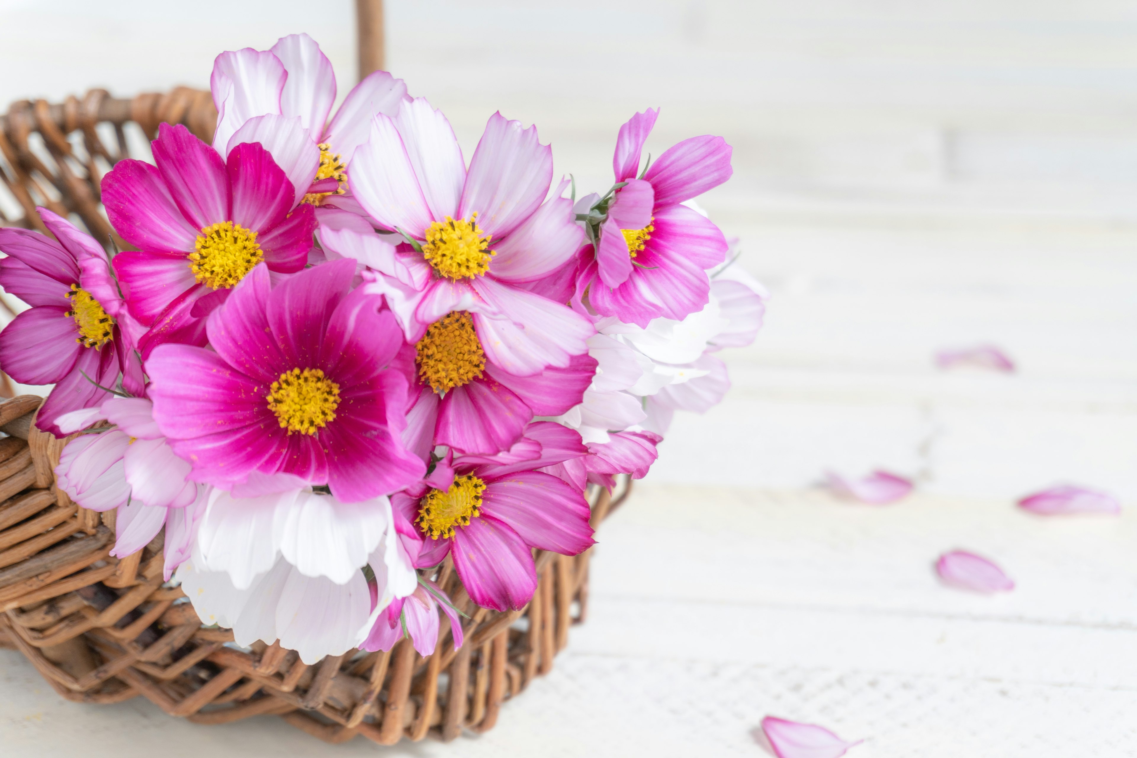 Una cesta llena de flores rosas y blancas