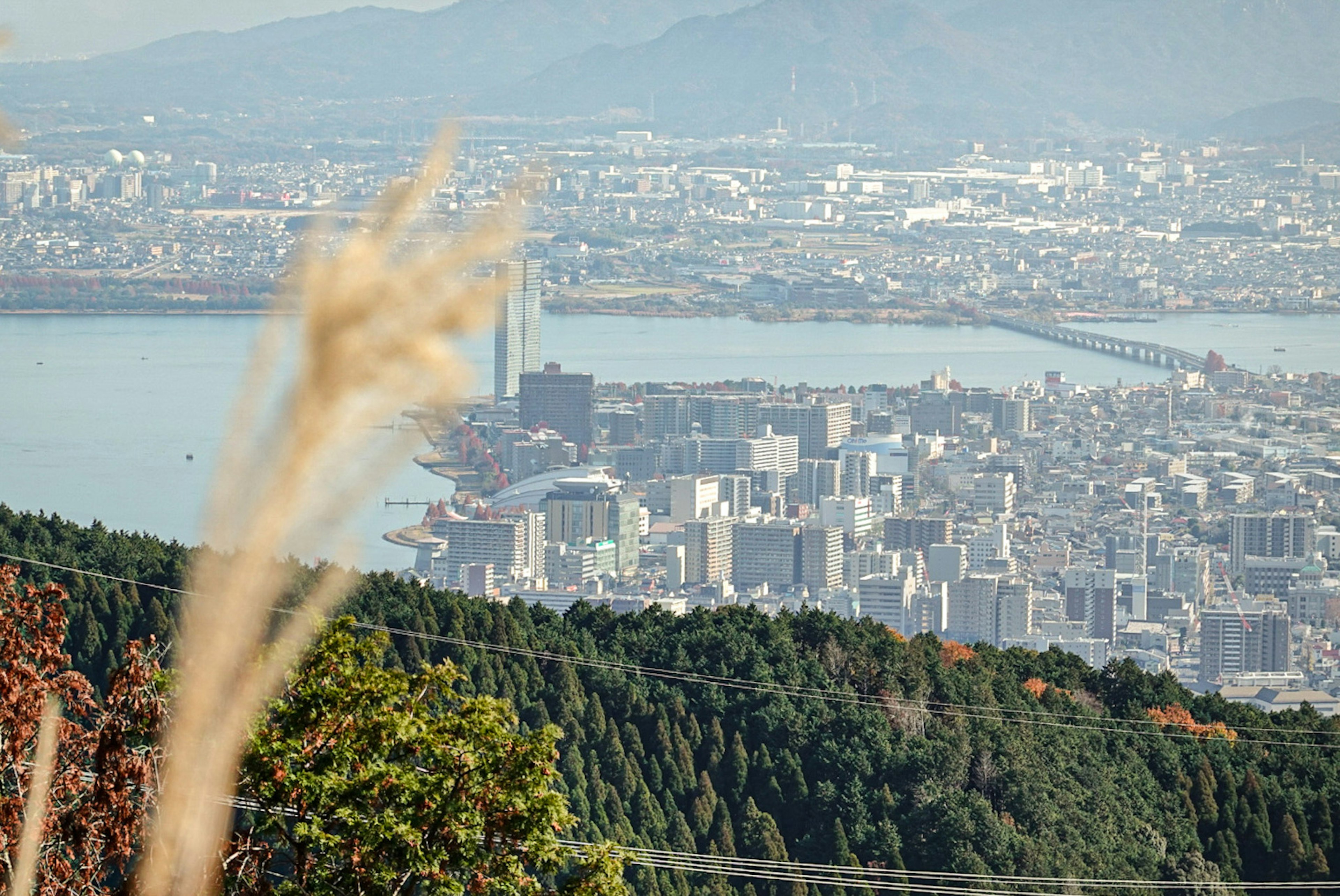 언덕에서 본 도시 풍경과 배경의 호수와 산