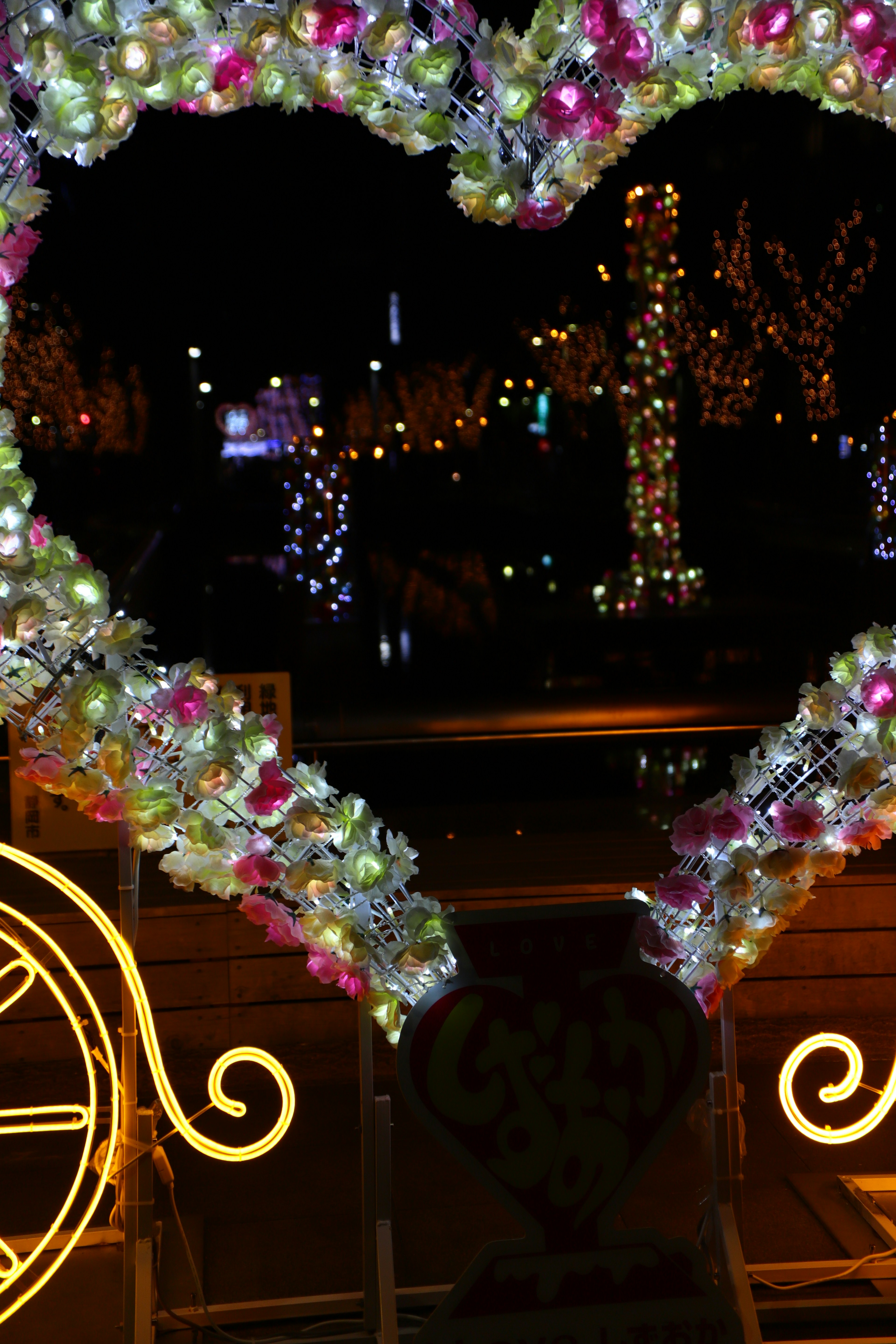 Decorative heart-shaped lights shining in the night