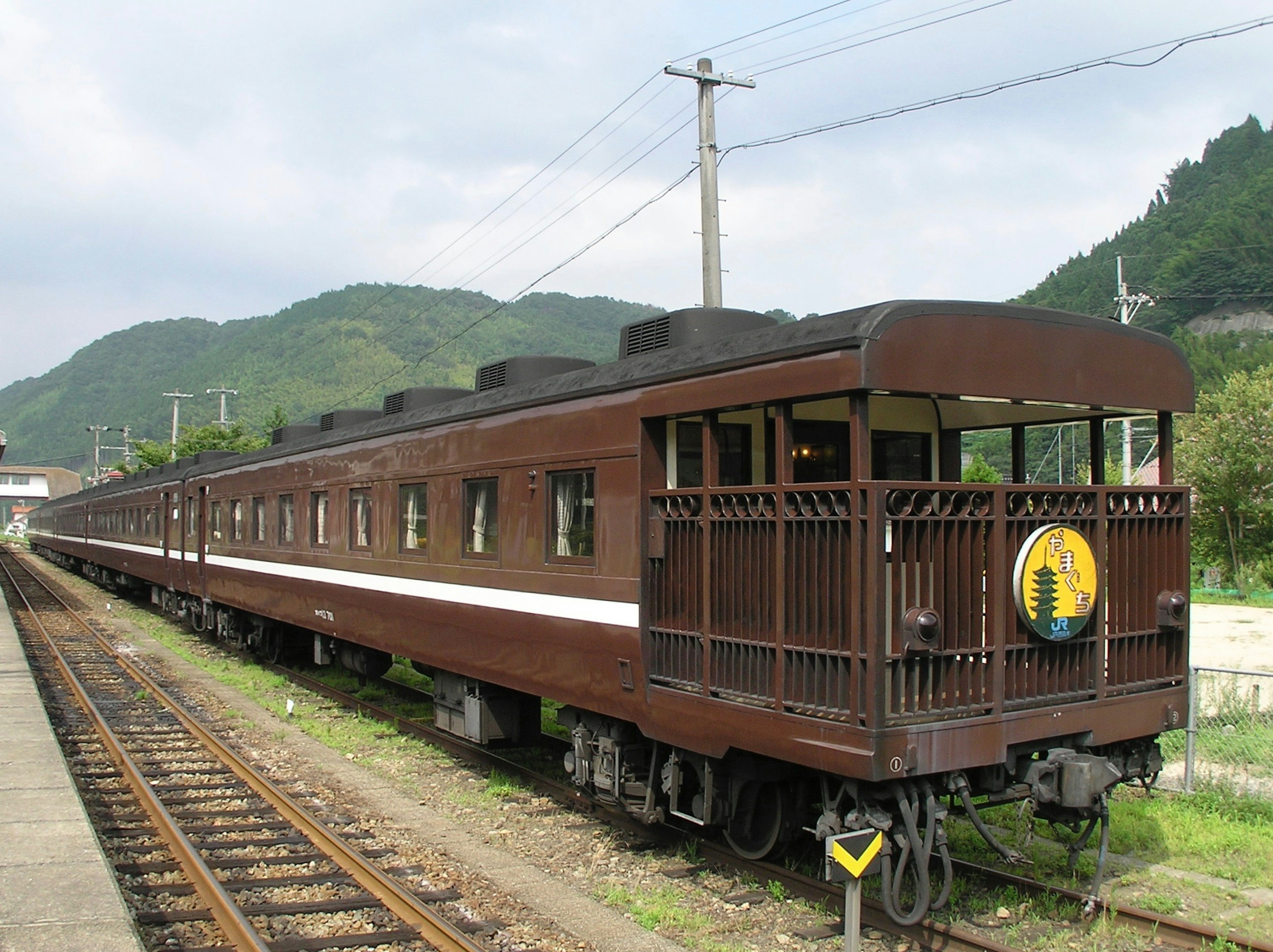 Brauner Zug an einem Bahnhof mit grünen Bergen im Hintergrund