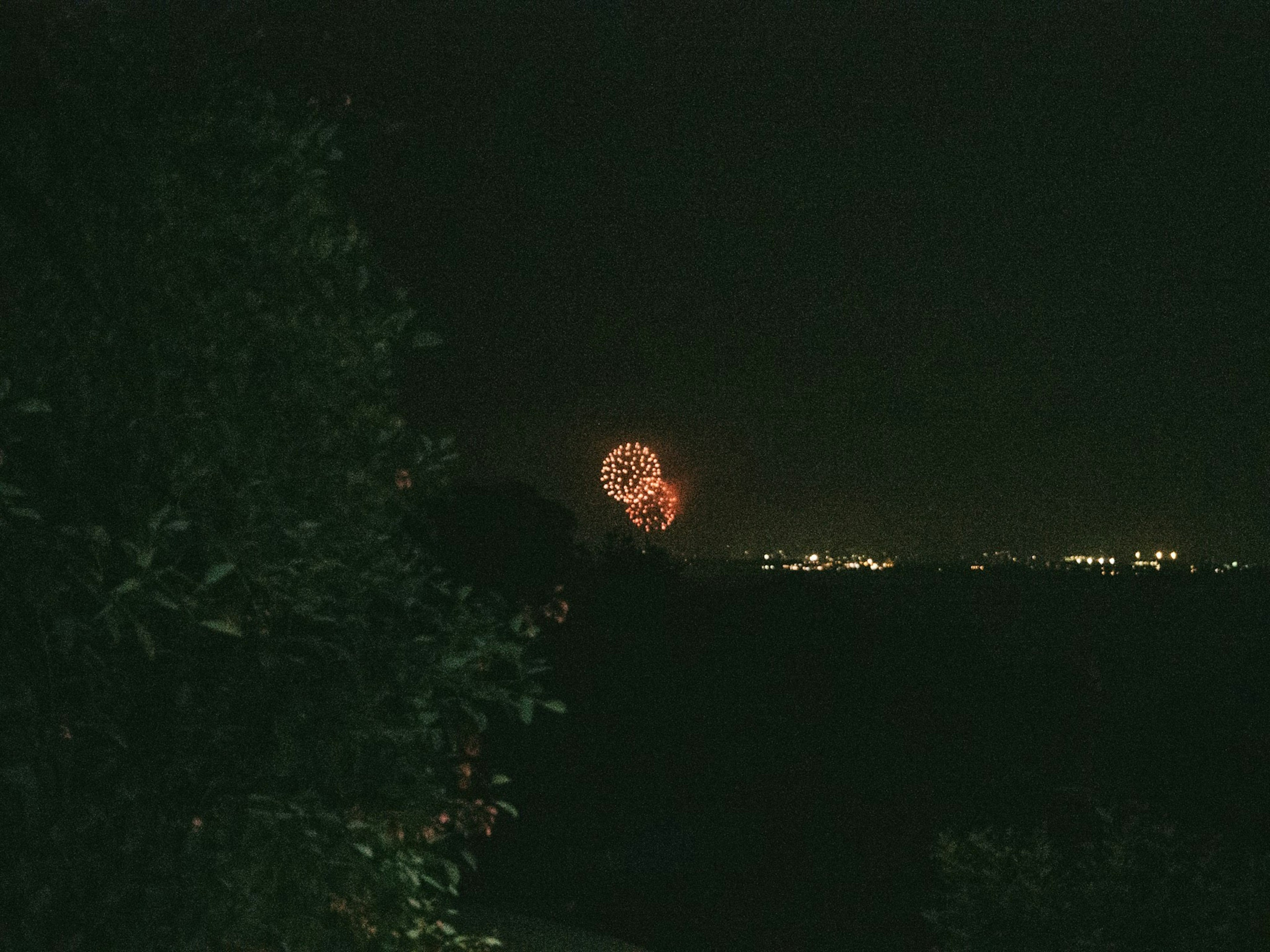 Fuegos artificiales iluminando el cielo nocturno con un paisaje oscuro