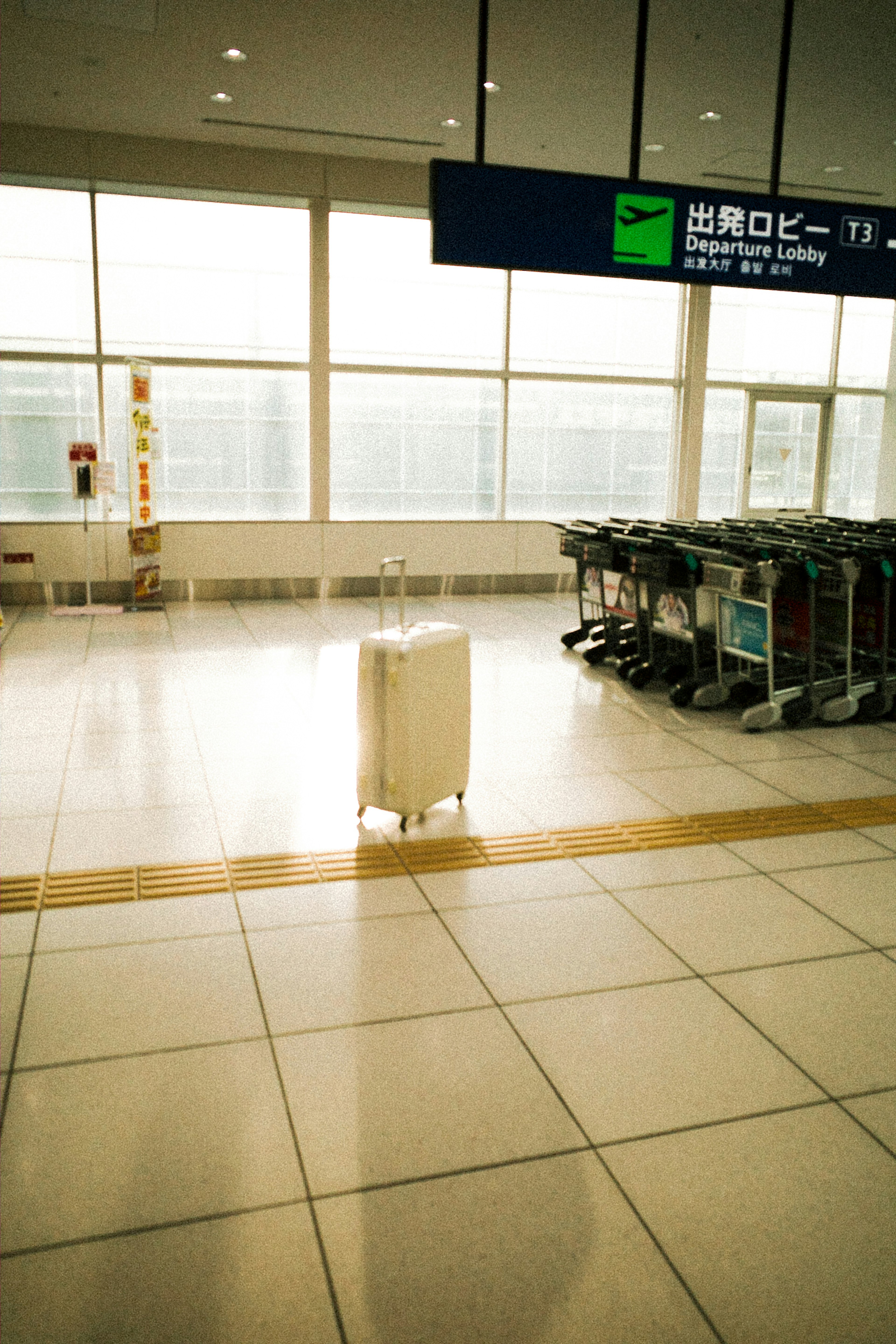 Maleta blanca y carritos de equipaje en una terminal de aeropuerto