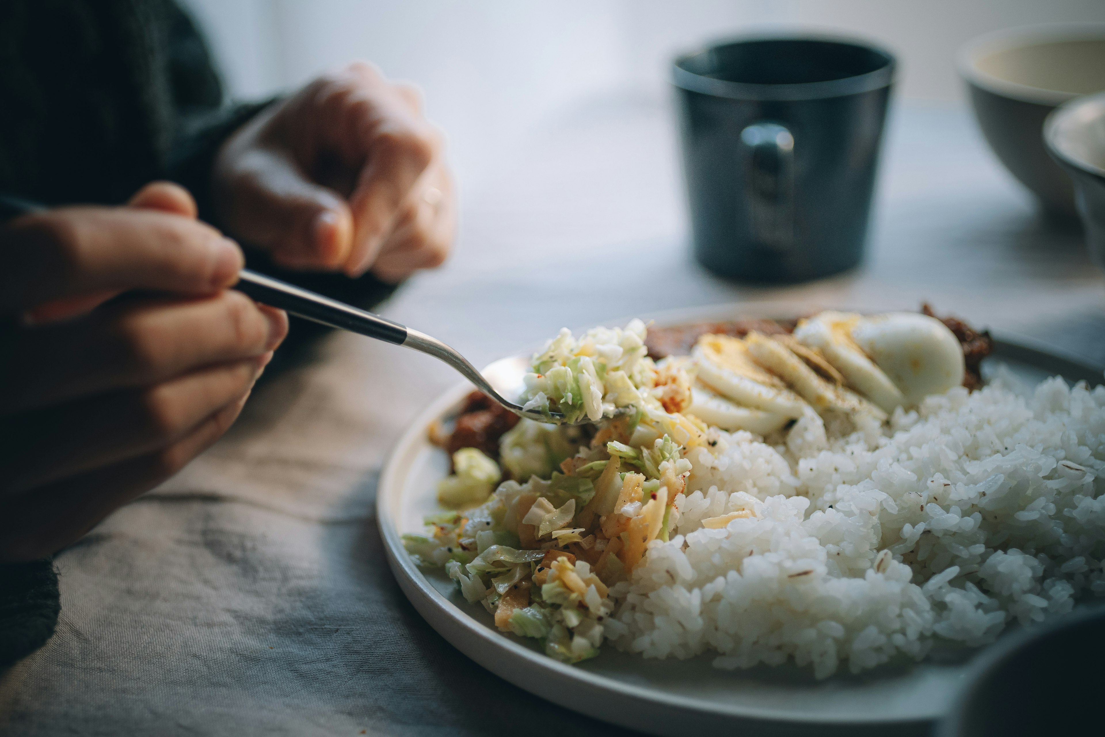 Close-up tangan memegang garpu dengan nasi dan sayuran di piring