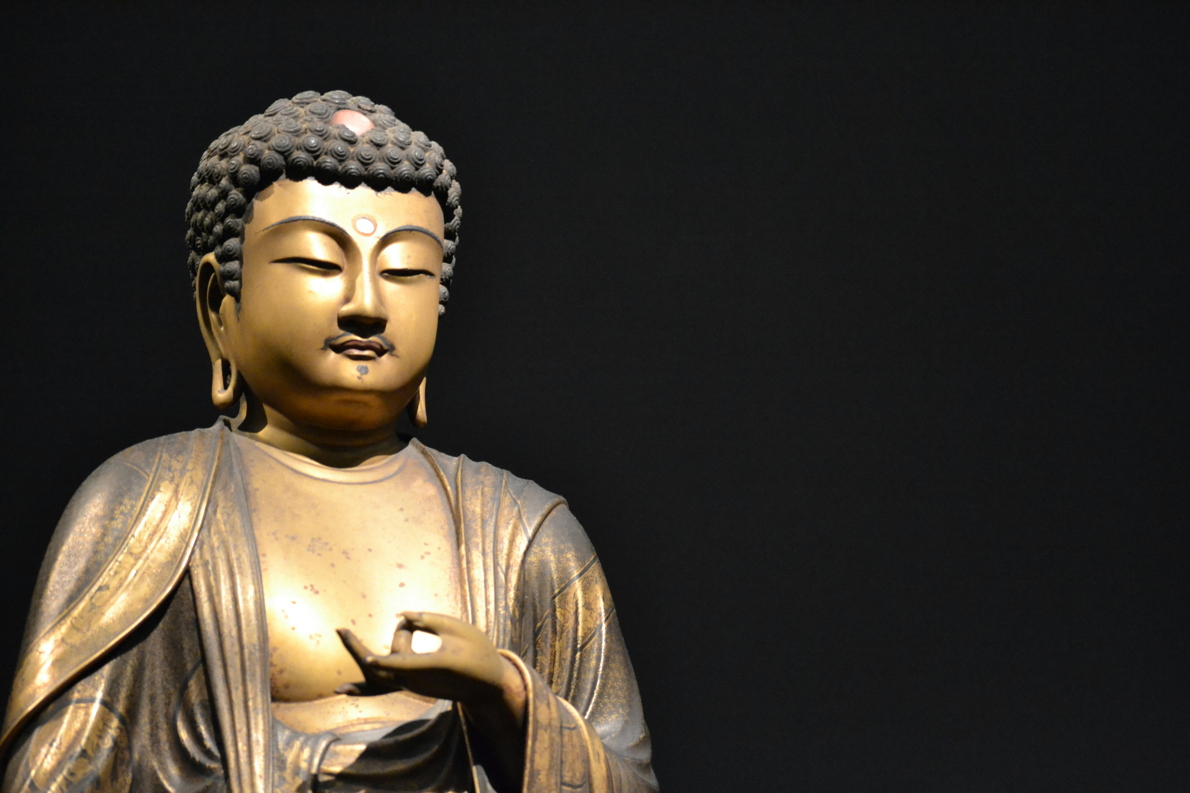 Golden Buddha statue standing against a black background