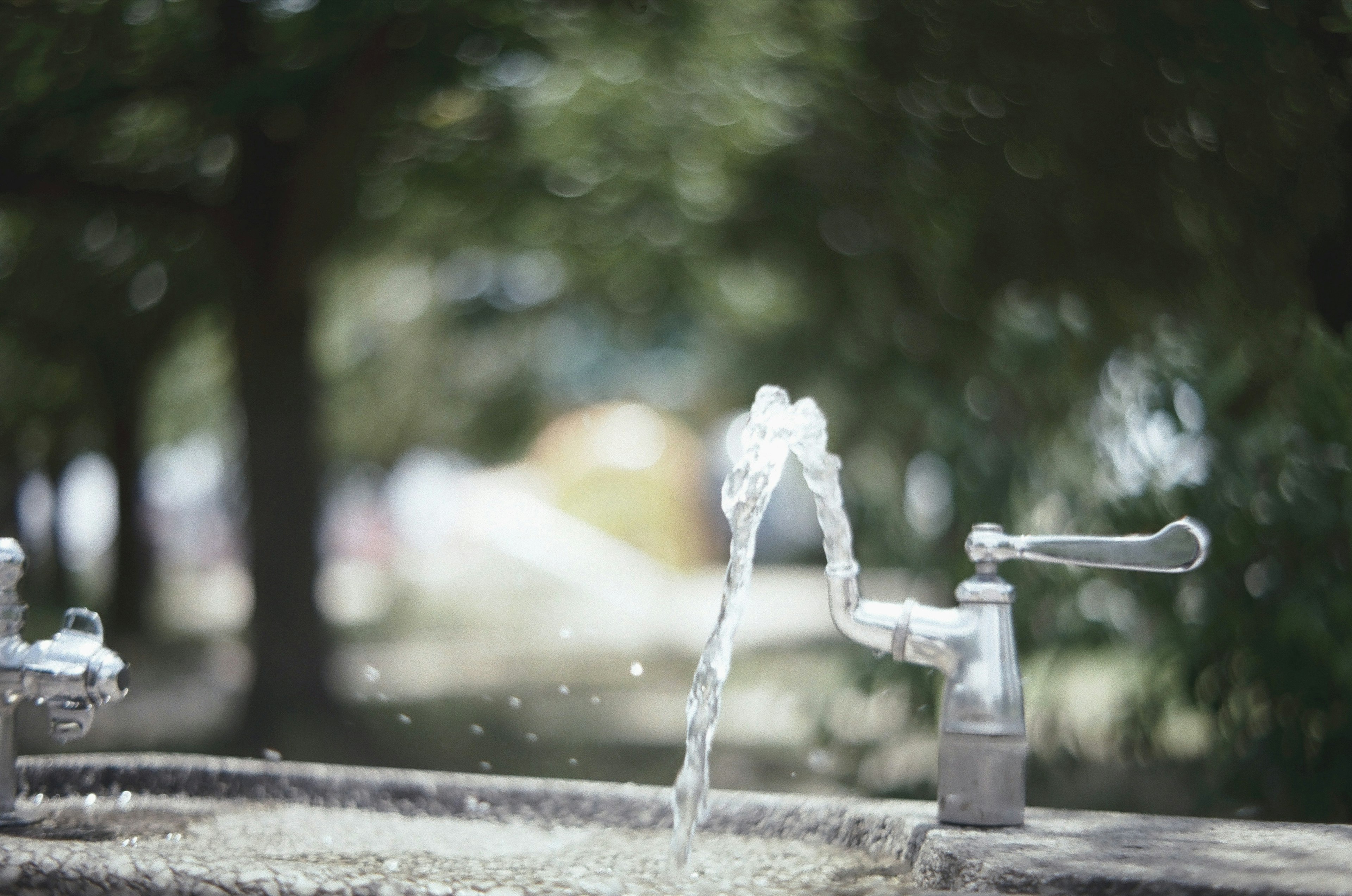 Wasser sprudelt aus einem Wasserhahn in einer natürlichen Umgebung