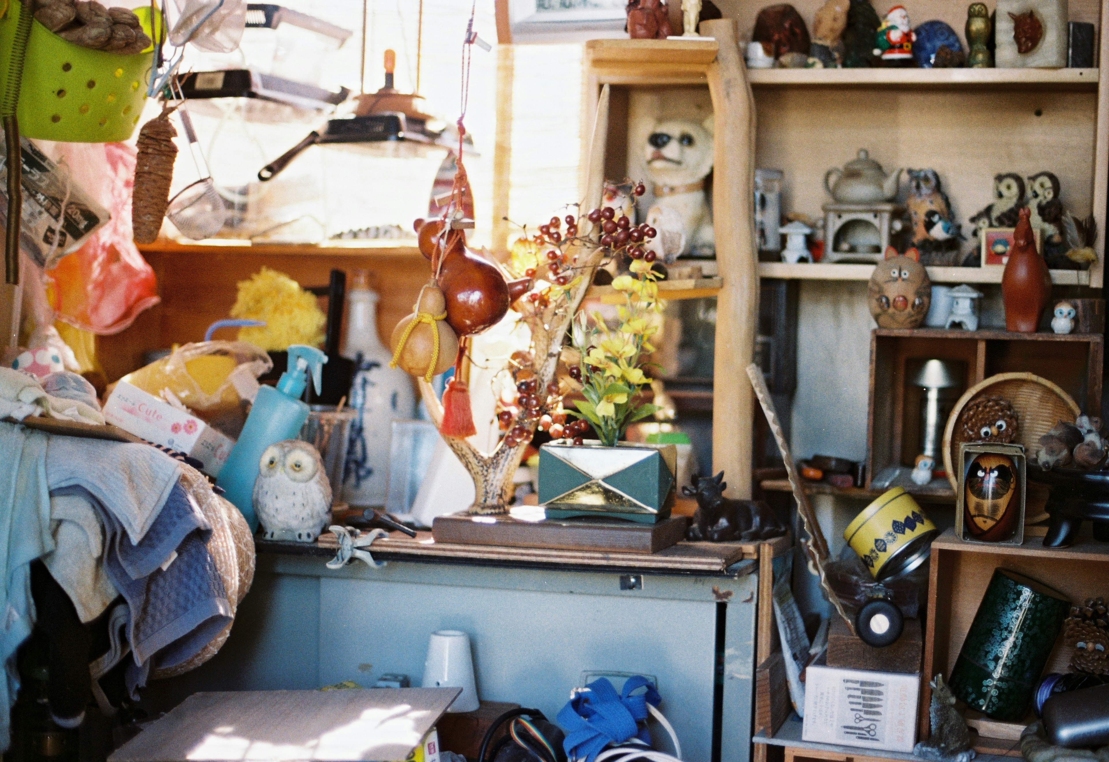 Interior scene featuring various decorative items and cluttered shelves